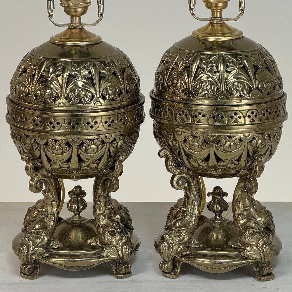 Pair 19th Century Bronze French Napoleon III Period Oil Lantern Table Lamps For Sale 3