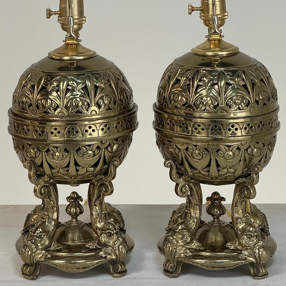 Pair 19th Century Bronze French Napoleon III Period Oil Lantern Table Lamps For Sale 4
