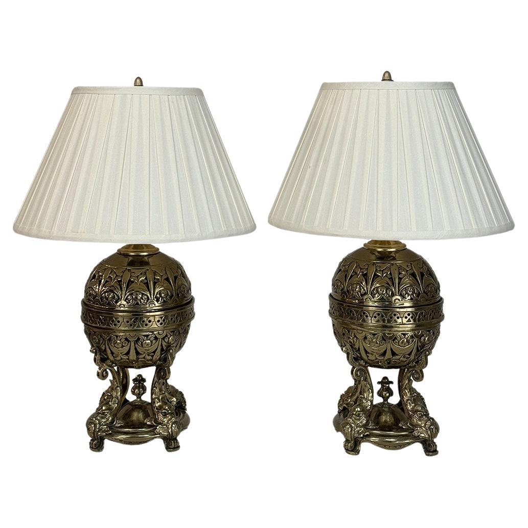 Pair 19th Century Bronze French Napoleon III Period Oil Lantern Table Lamps