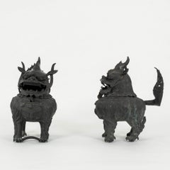 Pair 19th Century Bronze Fu Dog Censers