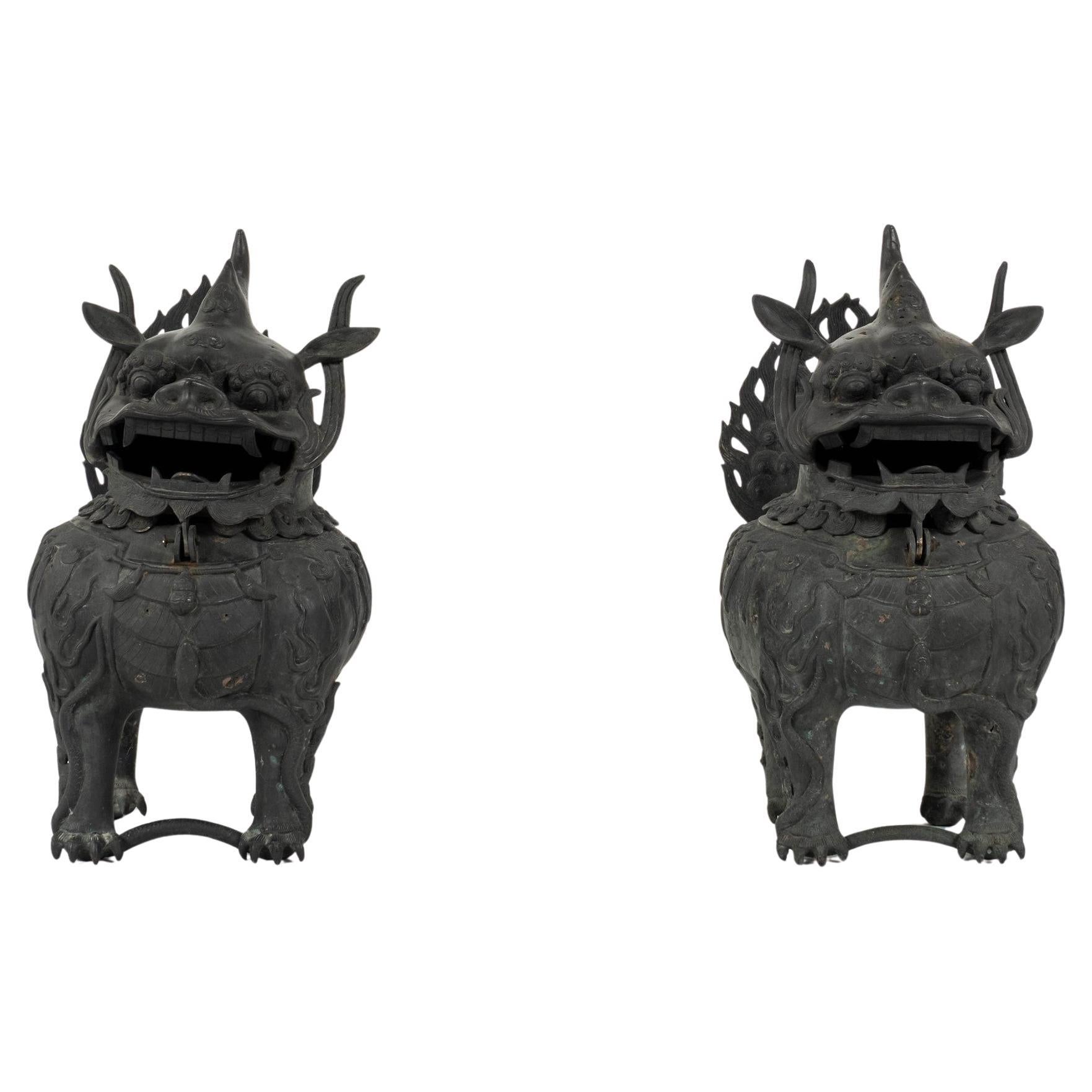 Pair 19th Century Bronze Fu Dog Censers