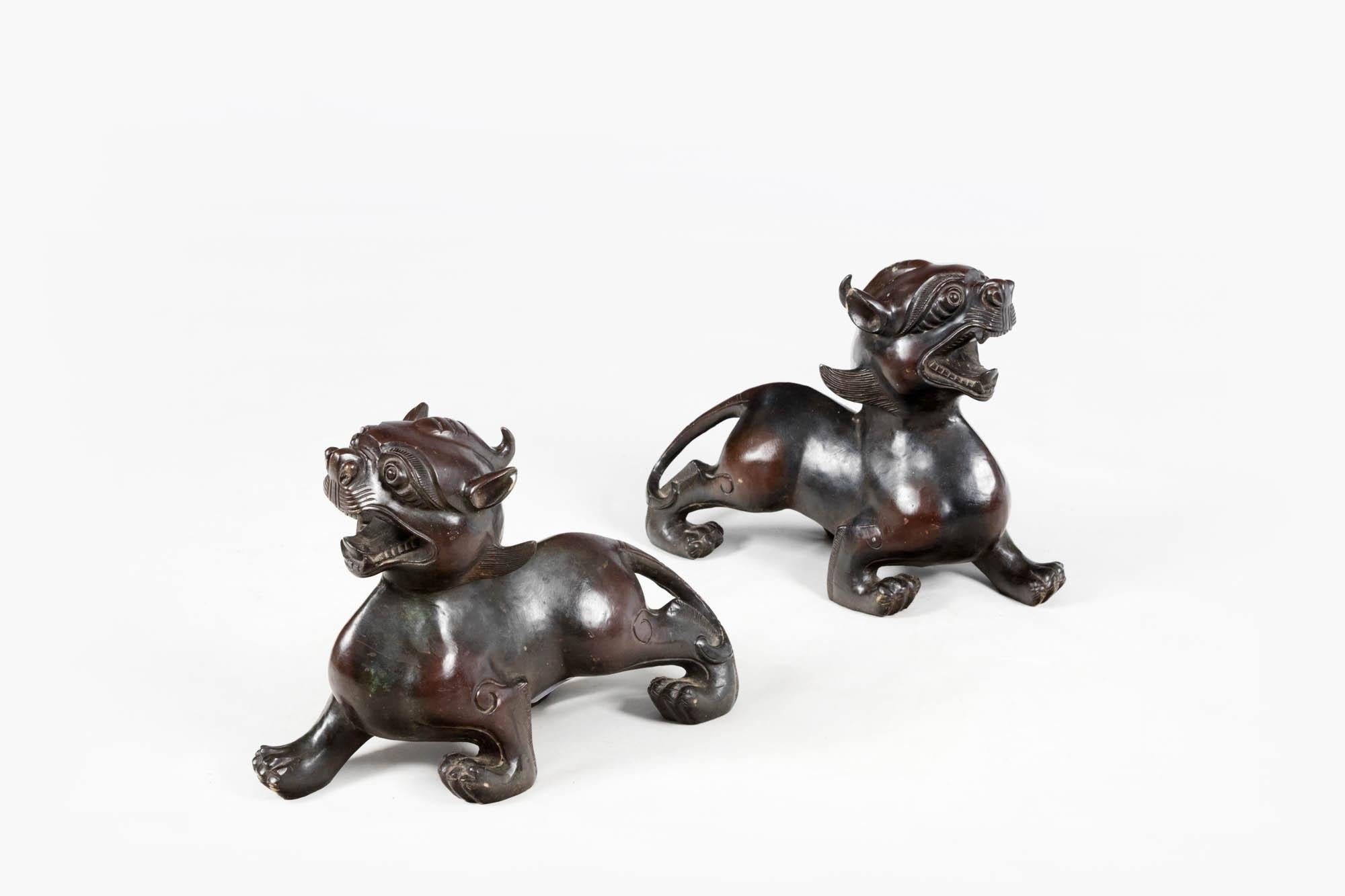 Chinese Export Pair 19th Century Bronze Fu Dogs For Sale