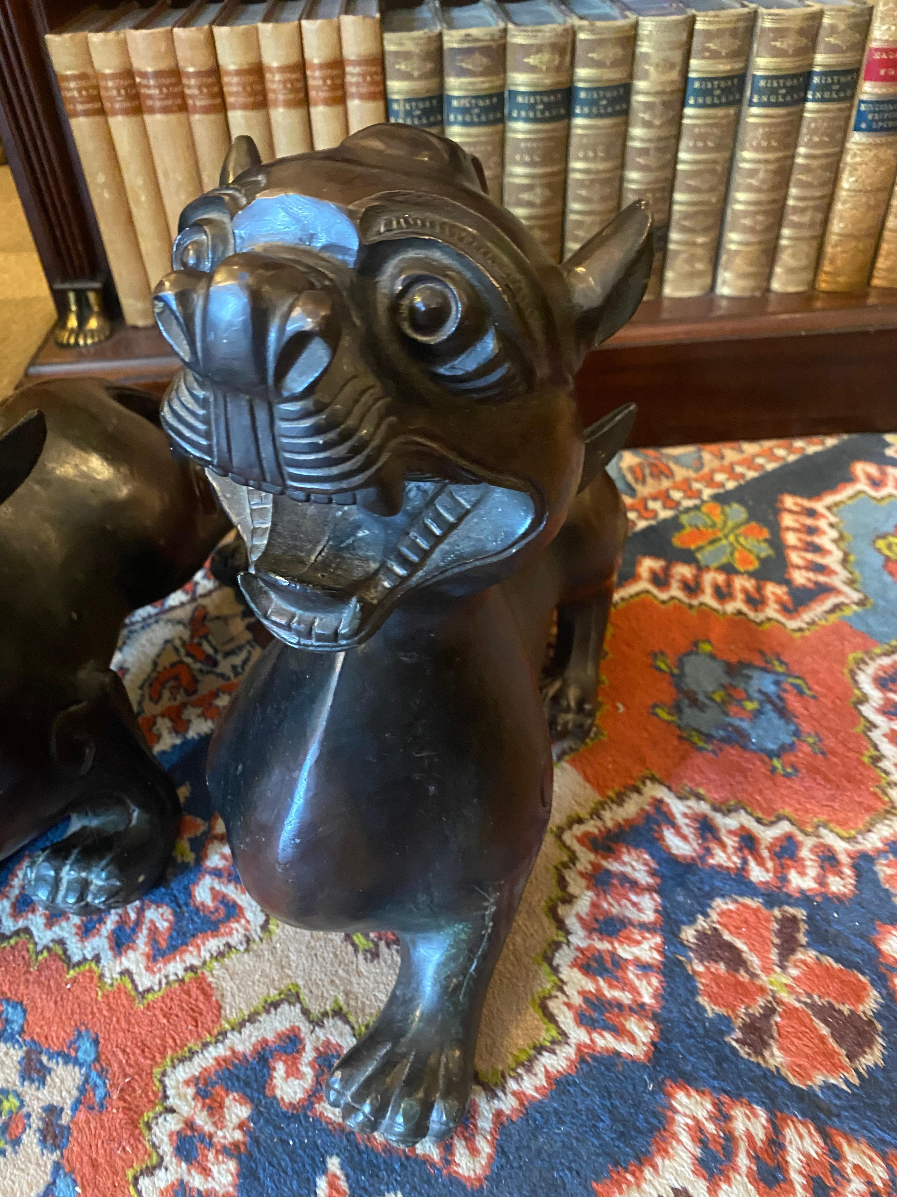Asian Pair 19th Century Bronze Fu Dogs For Sale