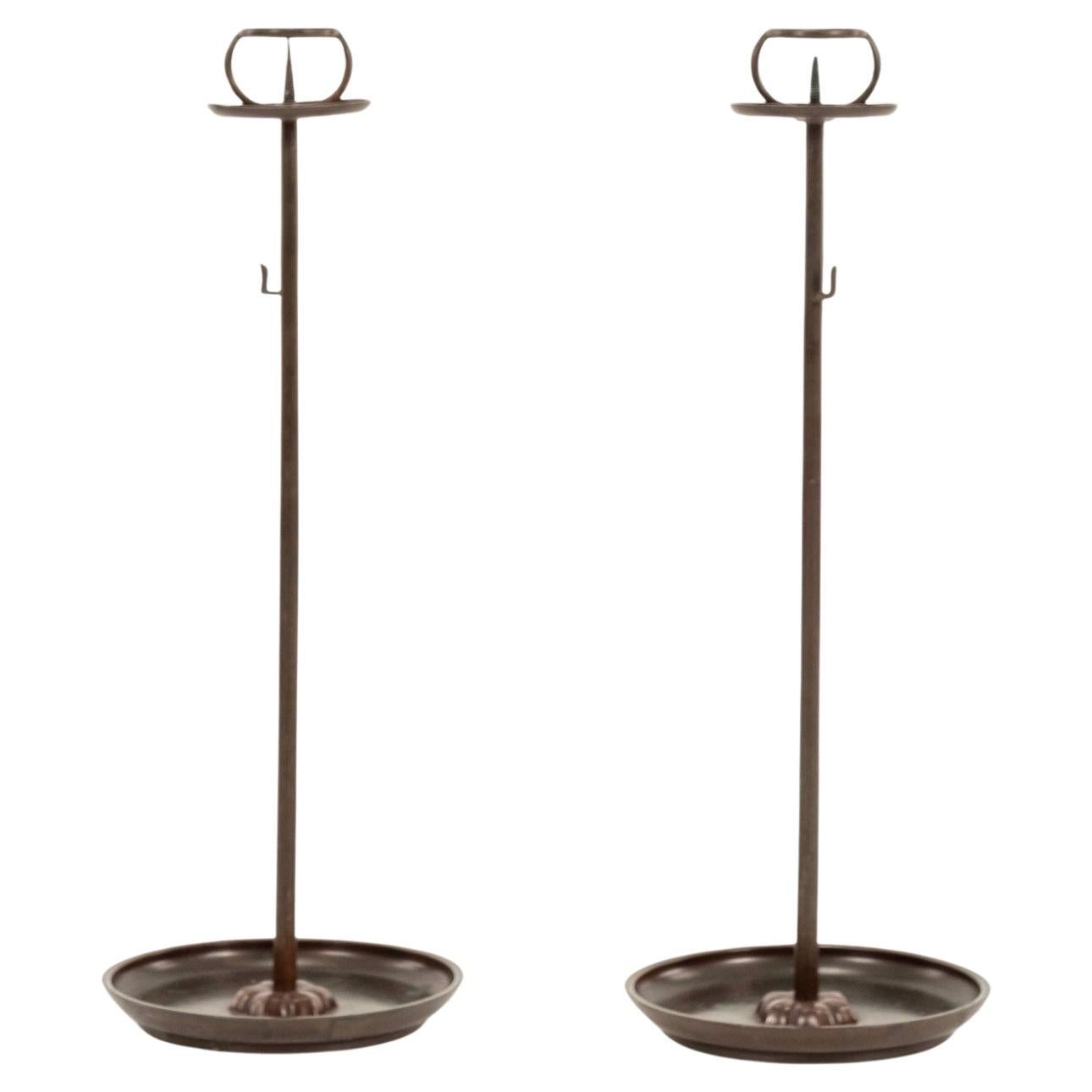 Pair 19th Century Bronze Japanese Shokudai Candle Stands For Sale