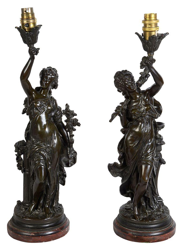 Paire de statues en bronze patiné de très bonne qualité, datant du XIXe siècle, représentant des jeunes filles classiques soutenant des lampes et reposant sur des bases en marbre rouge.


Lot 78 62740 CNKZ