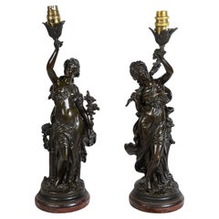 Pair 19th Century Bronze maiden statues / lamps by H. Moreau