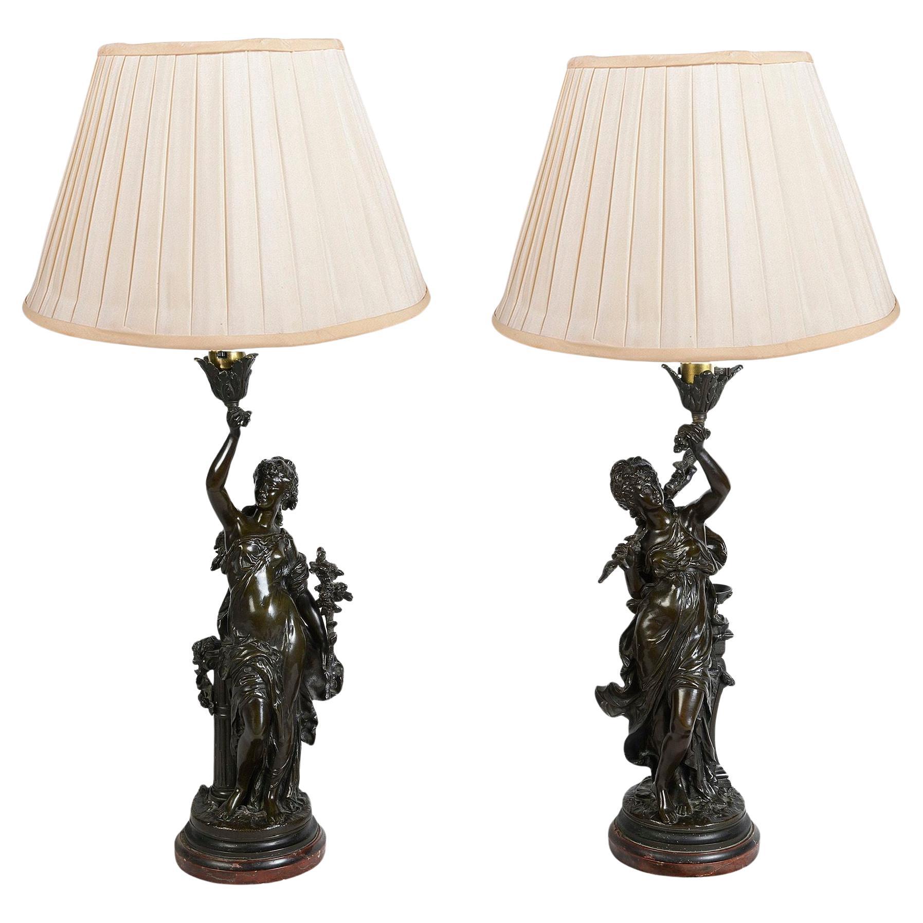 Pair 19th Century Bronze maiden statues / lamps by H. Moreau