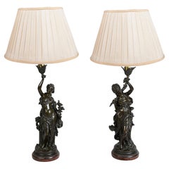 Coppia di statue di fanciulle in bronzo del XIX secolo / lampade di H. H. Moreau