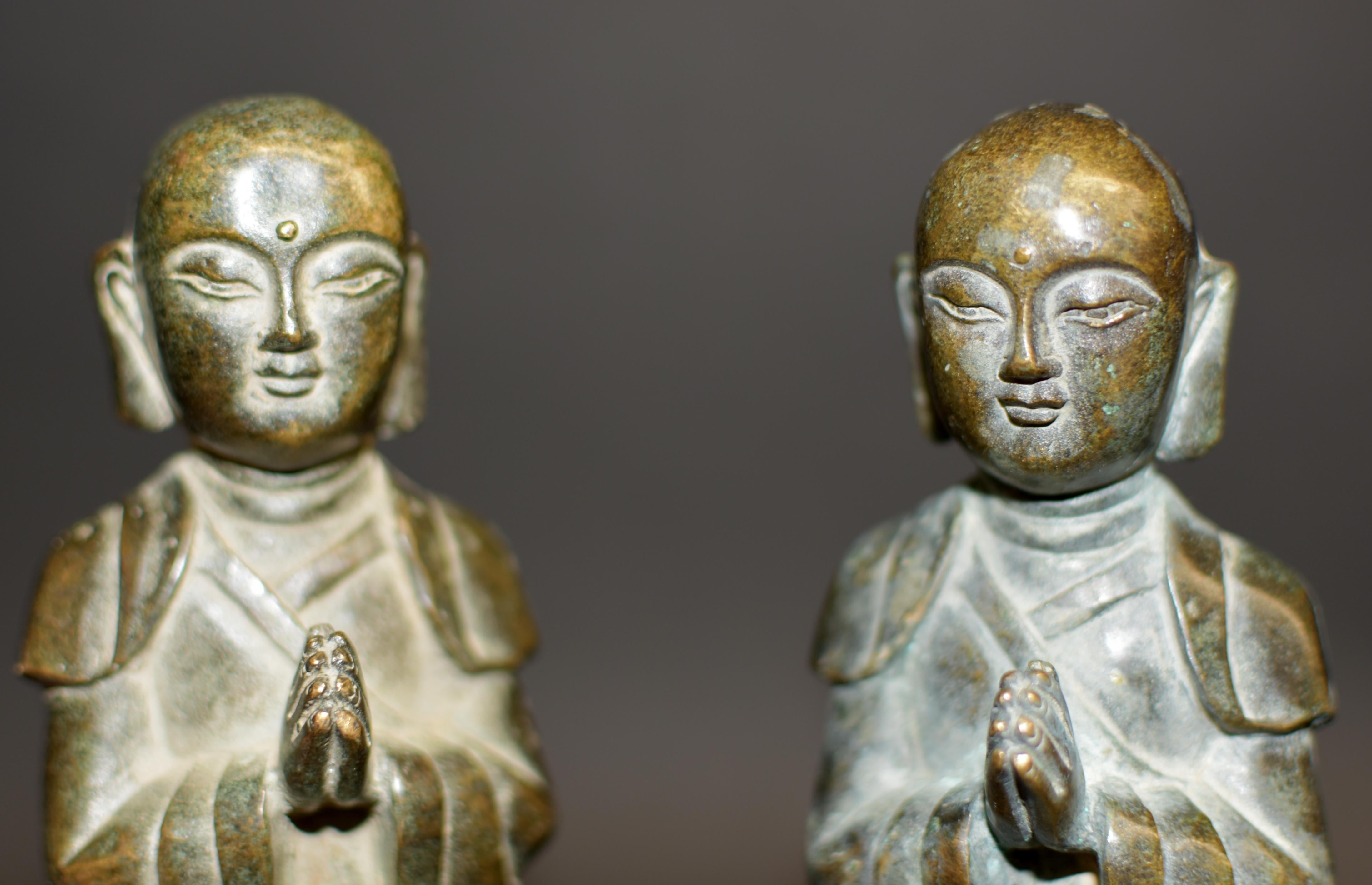 Pair 19th Century Bronze Monk Statues 11