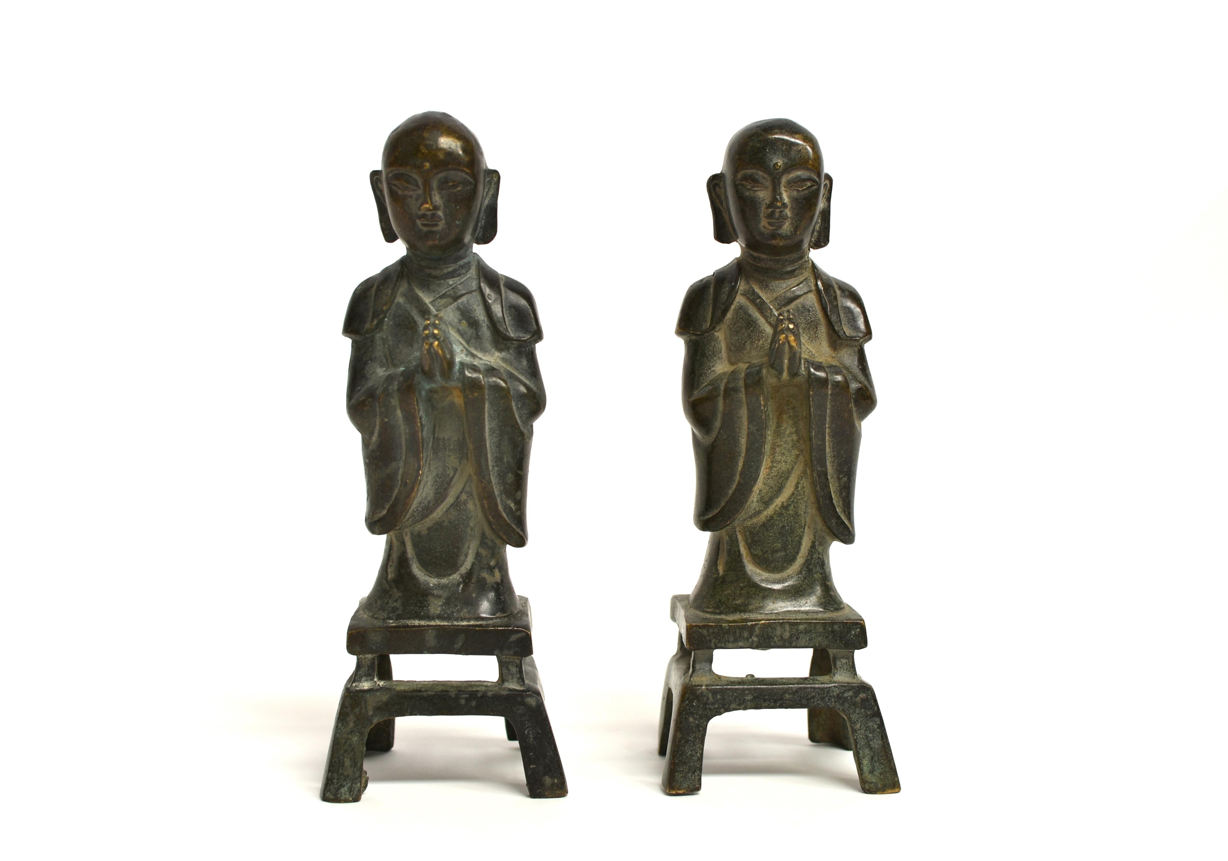 Pair 19th Century Bronze Monk Statues 16