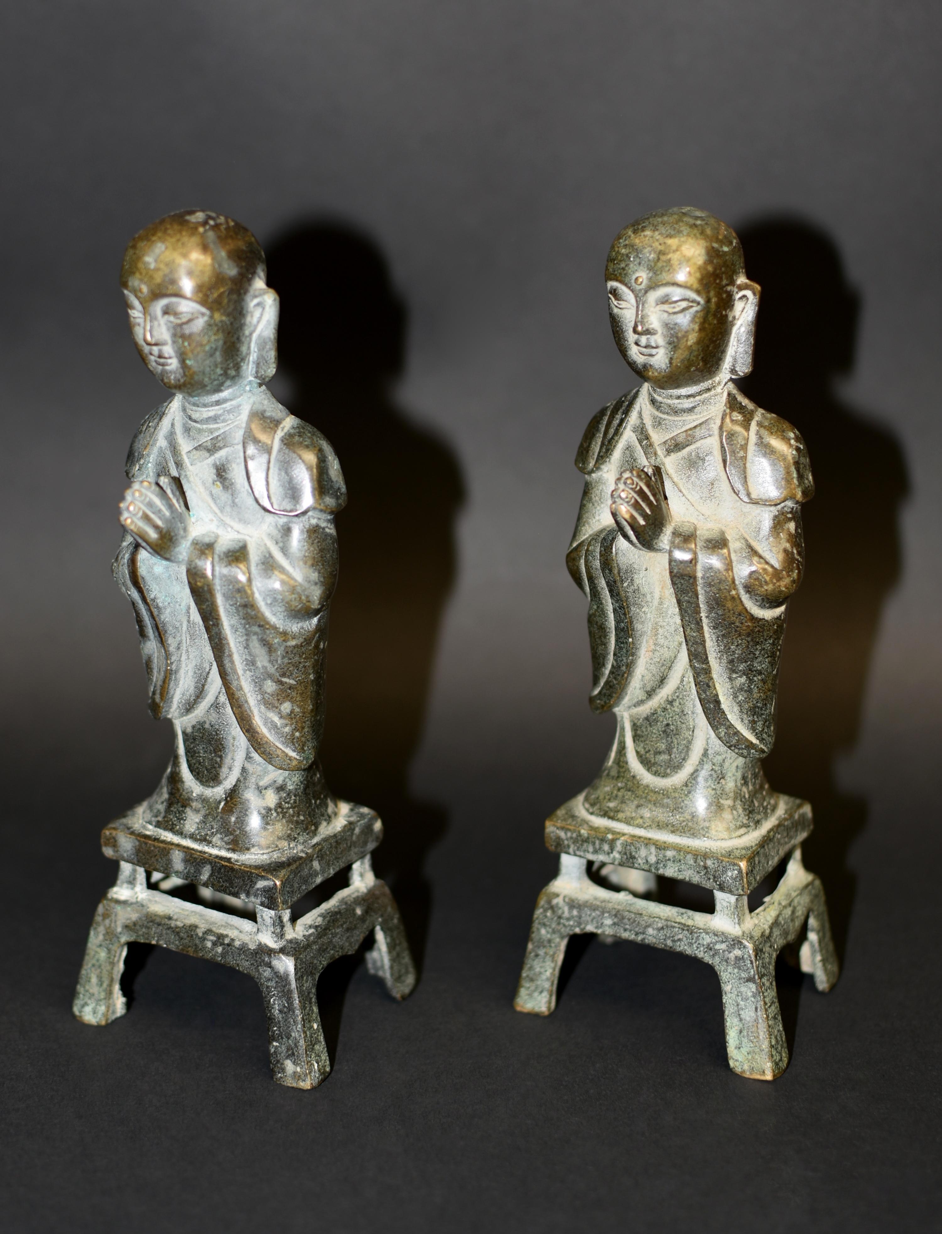 Pair 19th Century Bronze Monk Statues 1