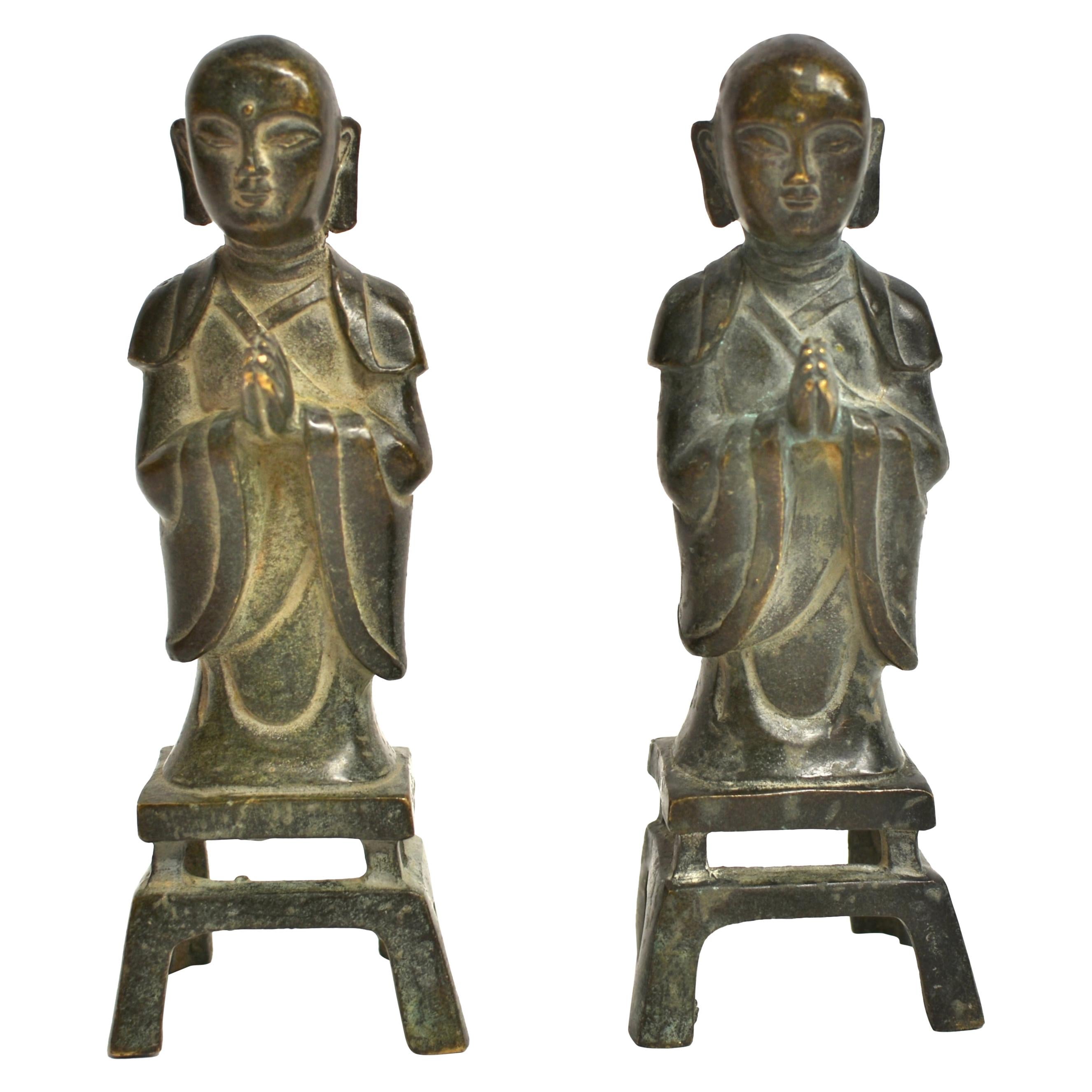 Pair 19th Century Bronze Monk Statues