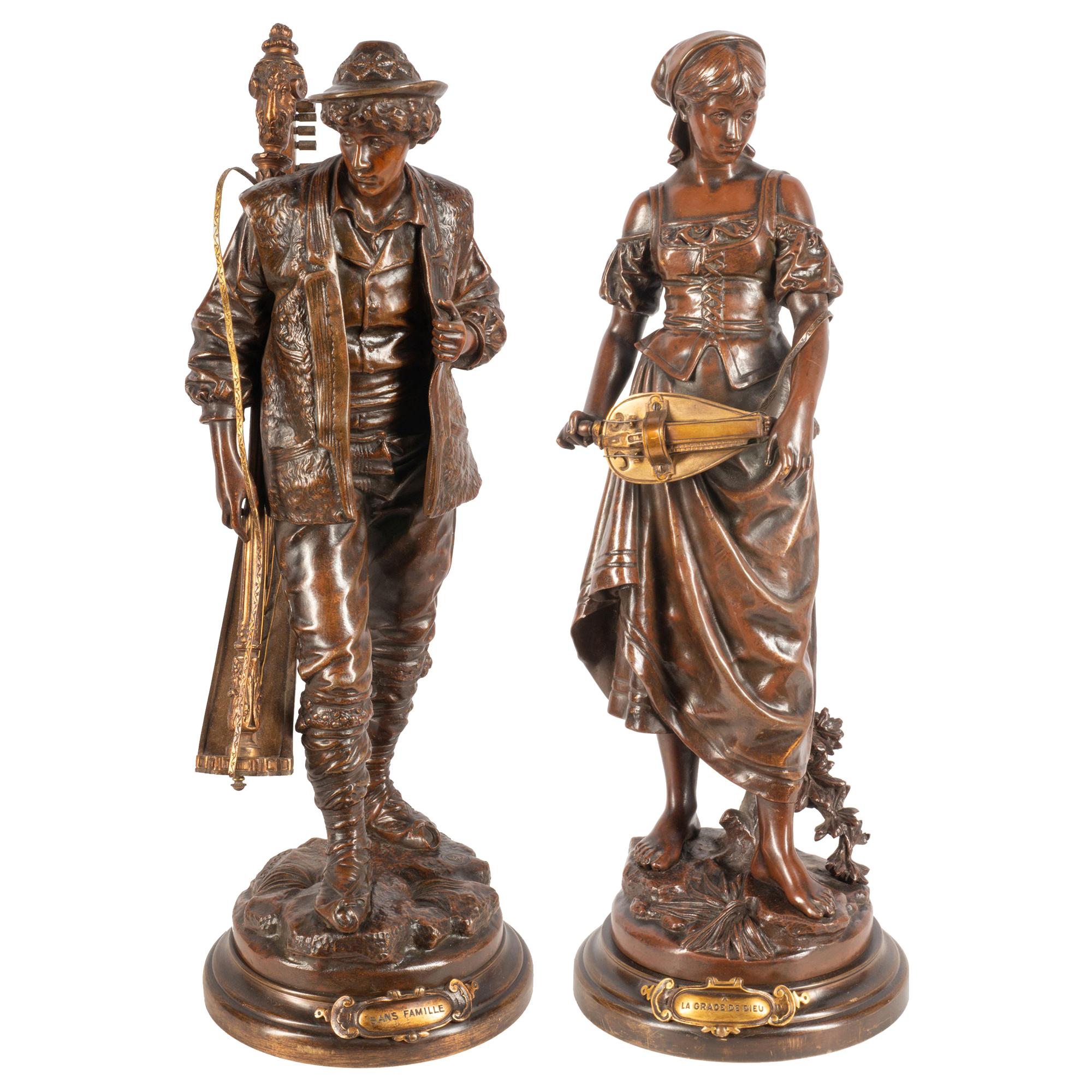 Paire de musiciens en bronze du 19ème siècle, 49 cm de haut