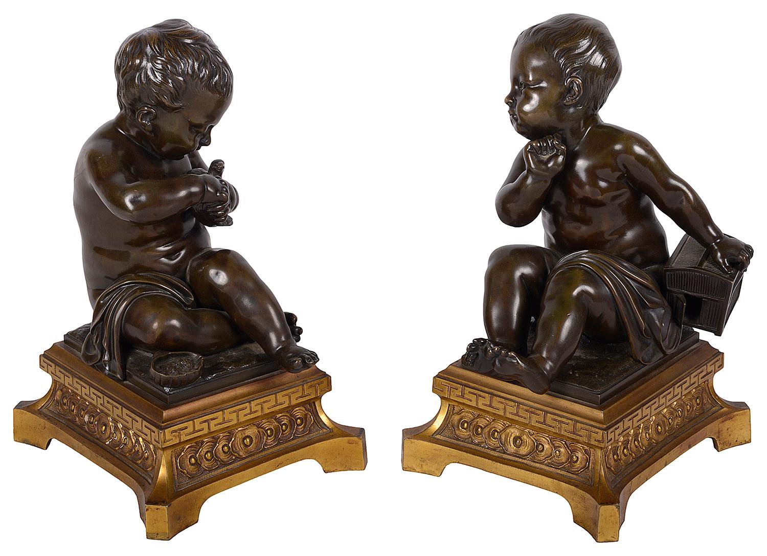 An enchanting pair of early 19th Century French patinated Bronze seated Putti, one feeding a Dove, the other holding its cage, raised chased ormolu plinths with classical motif decoration.