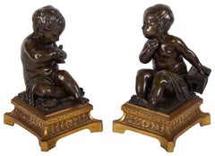 Pair 19th Century Bronze Putti Holding a Dove and Cage