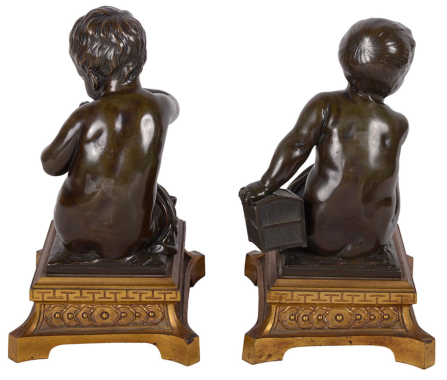 French Pair 19th Century Bronze Putti Holding a Dove and Cage For Sale