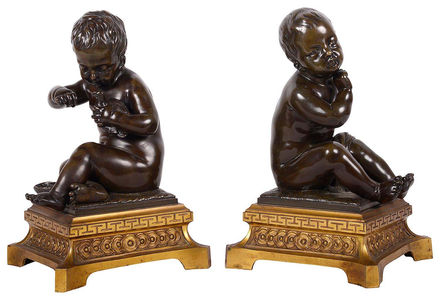 Pair 19th Century Bronze Putti Holding a Dove and Cage For Sale 1
