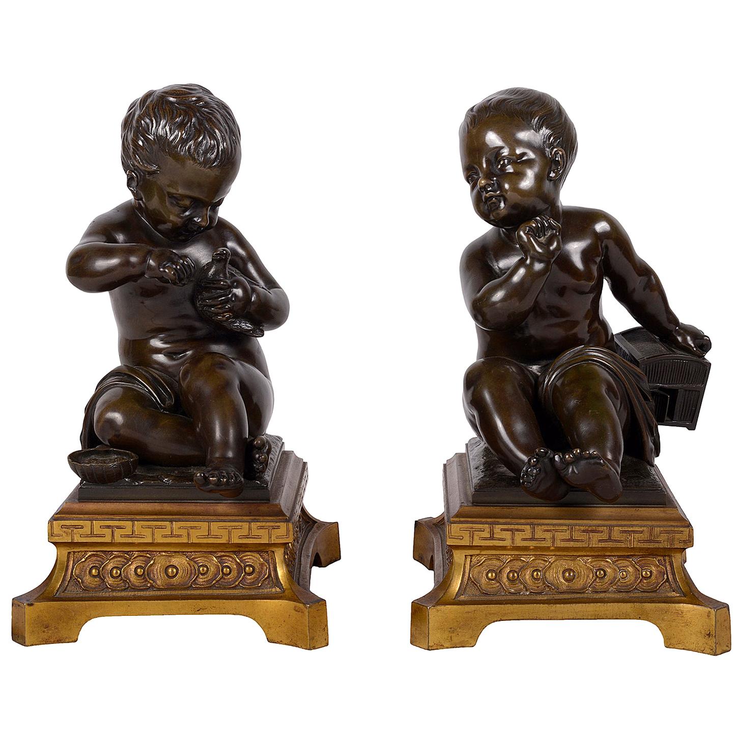 Pair 19th Century Bronze Putti Holding a Dove and Cage For Sale