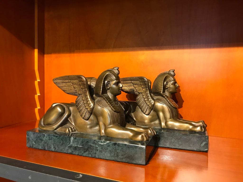 Pair of 19th Century Bronze Winged Sphinx on Marble Bases 7