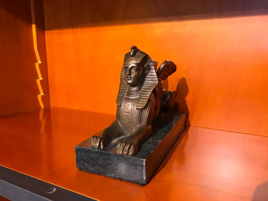 Cast Pair of 19th Century Bronze Winged Sphinx on Marble Bases