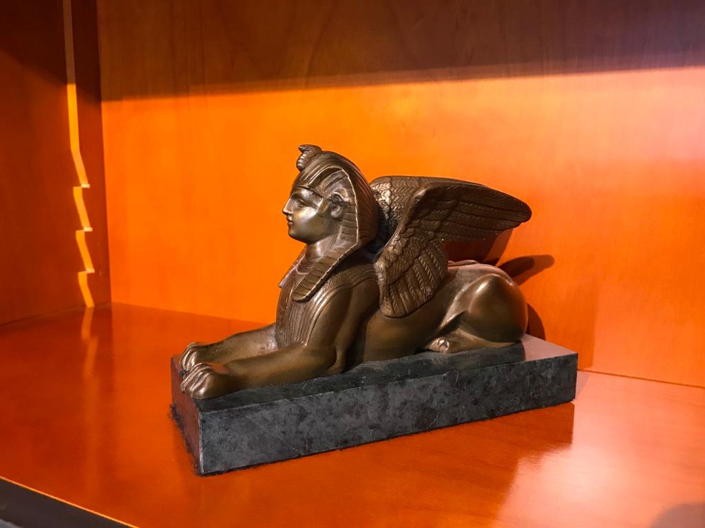 Pair of 19th Century Bronze Winged Sphinx on Marble Bases In Excellent Condition In Stamford, CT