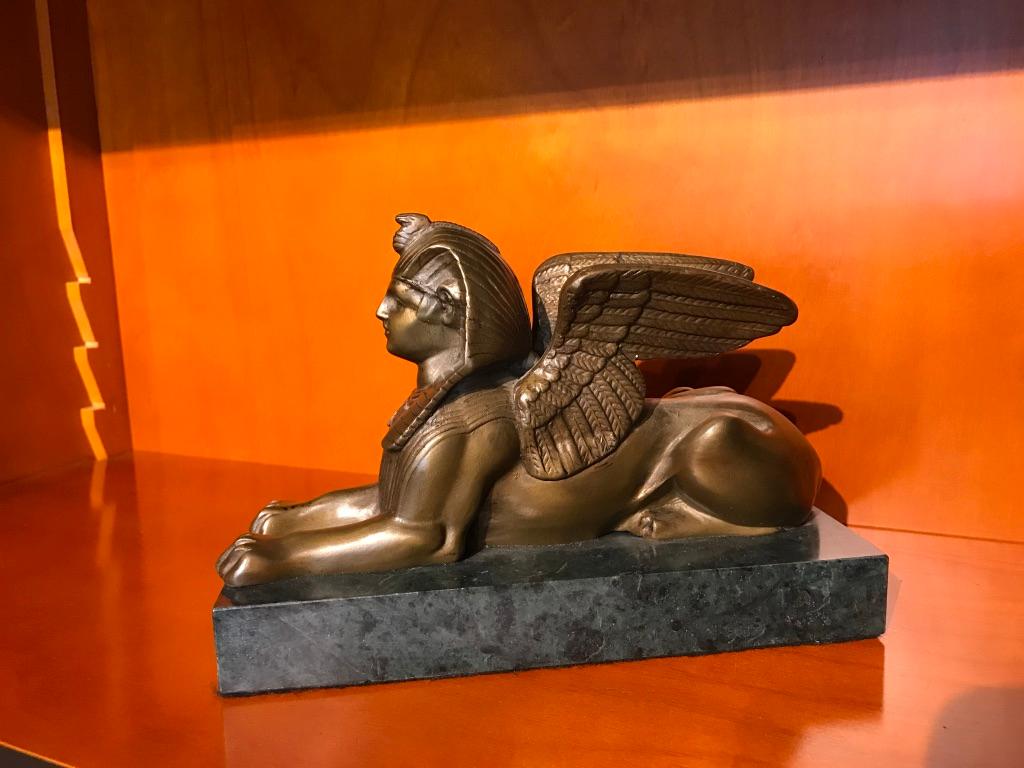 Pair of 19th Century Bronze Winged Sphinx on Marble Bases 1