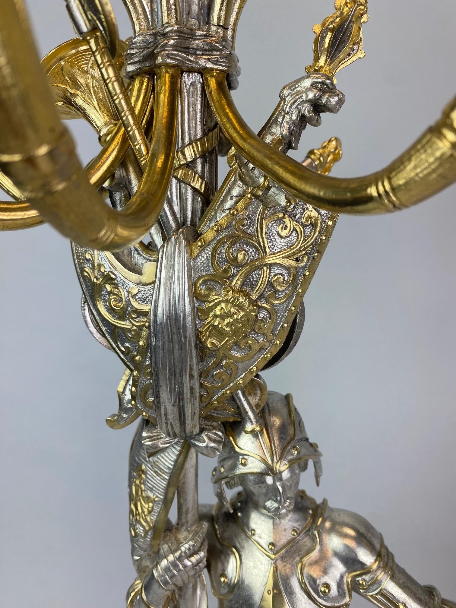 Francese Pair 19th century  candelabra styled in the form of medieval knights in vendita