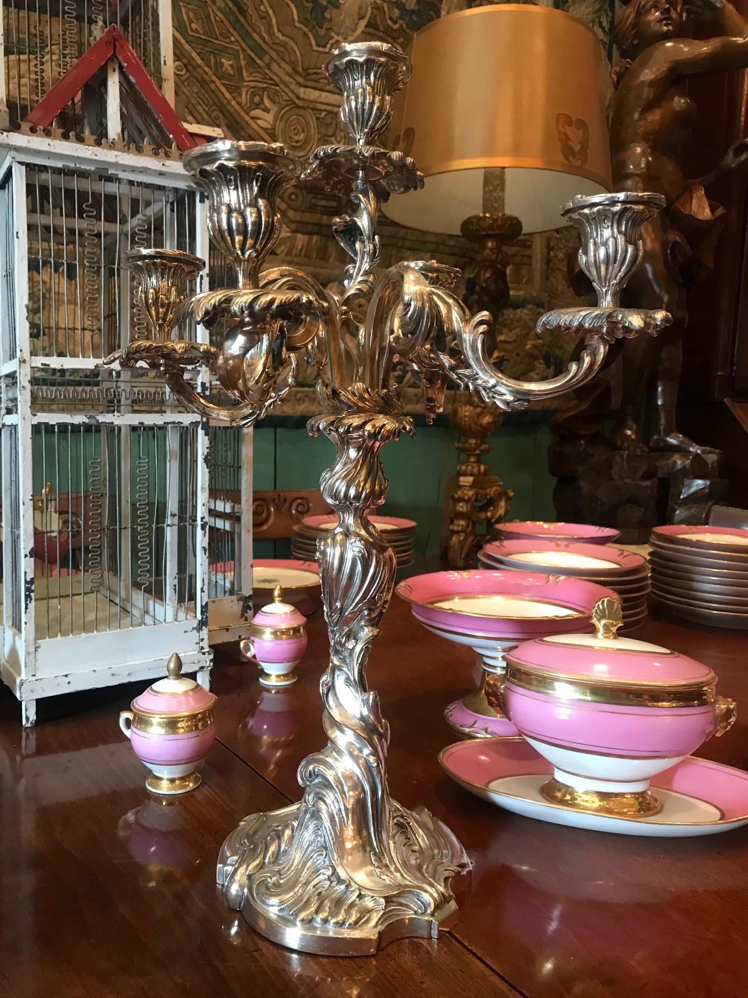 A very beautiful French large pair of late 19th century early 20th century candleholders candelabra silver plated. Antique Dealer Los Angeles CA Beverly Hills West Hollywood Melrose. This pair would be the perfect companion to you dinnerware
