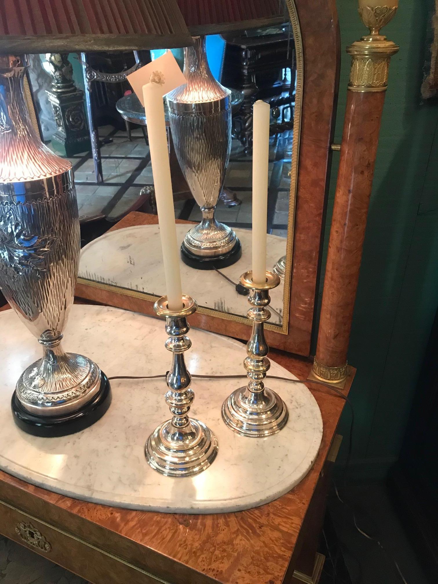 European 19th Century Candlesticks Candleholder Silver Plated Decorative Object, LA, Pair For Sale