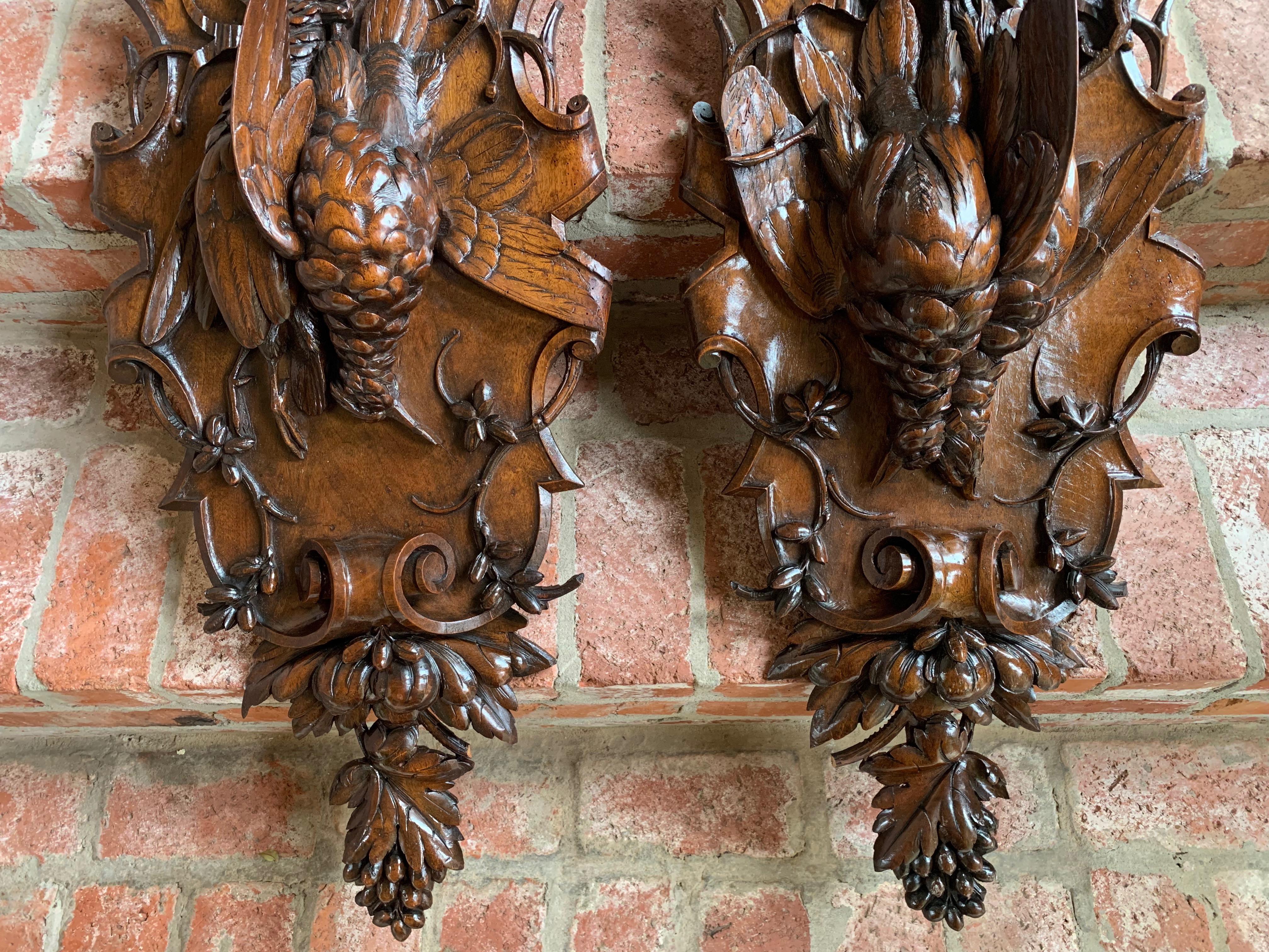 Pair 19th Century Carved Black Forest Game Trophy Wall Plaque Swiss Pheasant In Good Condition In Shreveport, LA