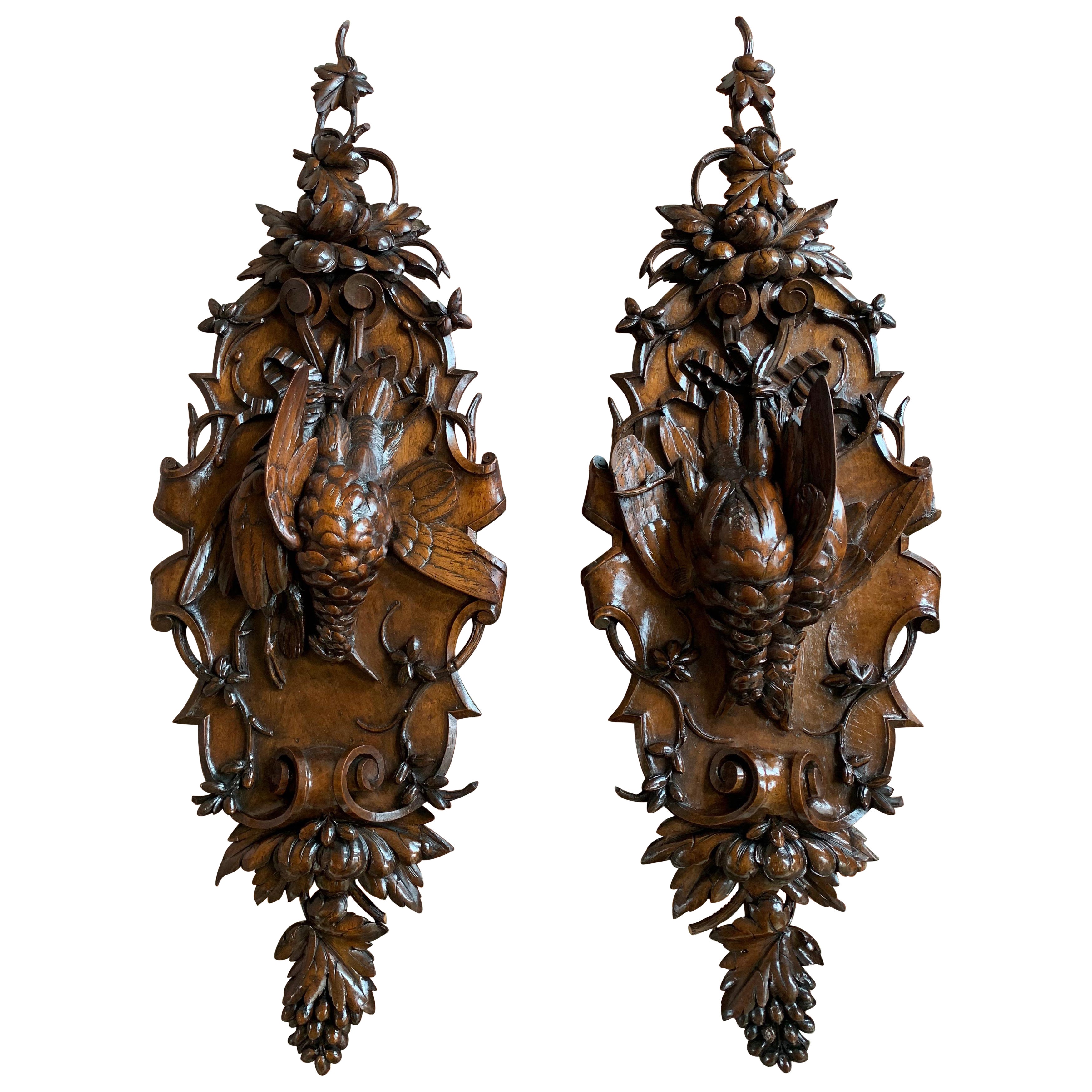 Pair 19th Century Carved Black Forest Game Trophy Wall Plaque Swiss Pheasant