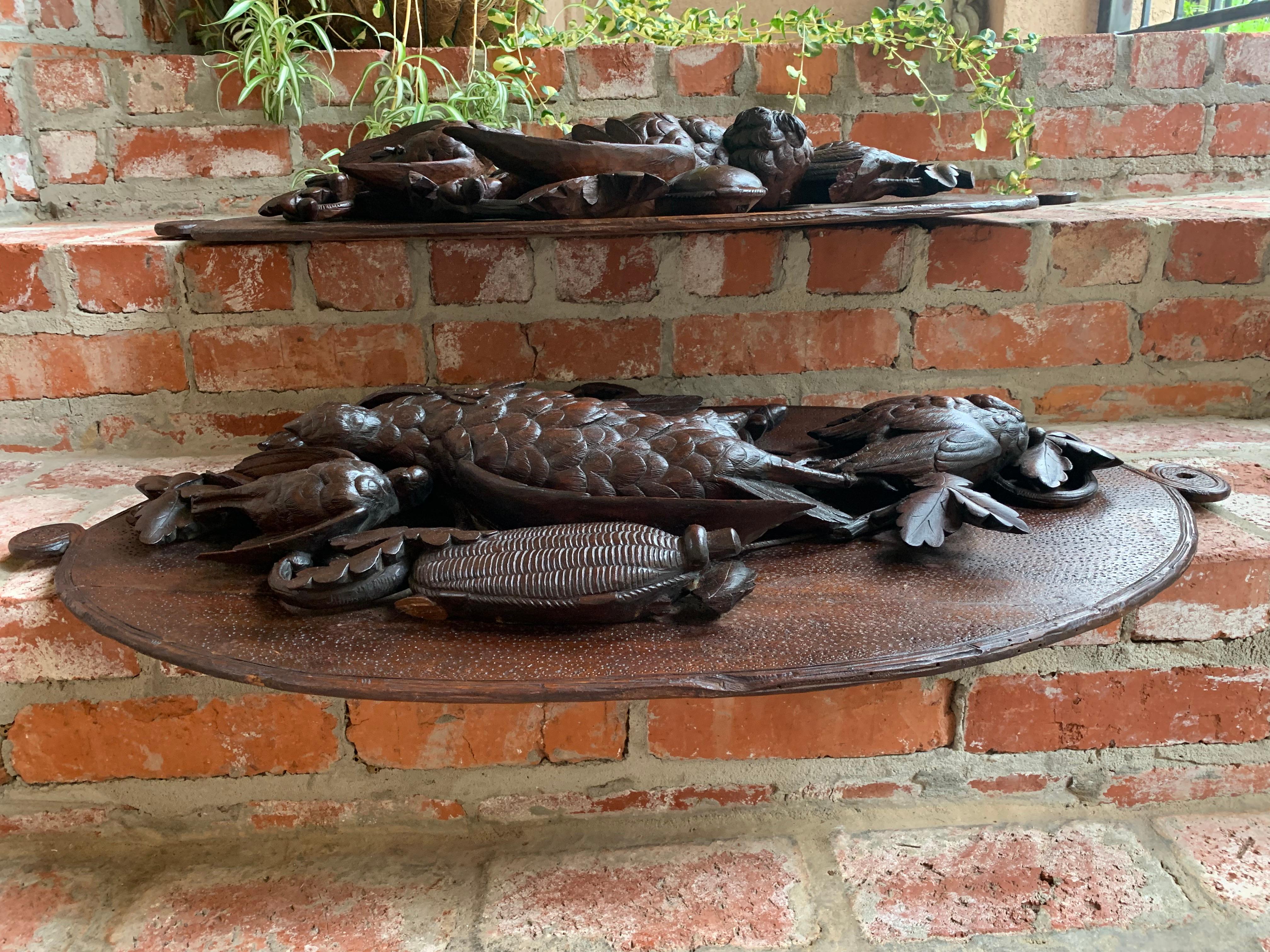 Antique PAIR Set Carved Black Forest Game Trophy Wall Plaque Swiss Pheasant Owl For Sale 4