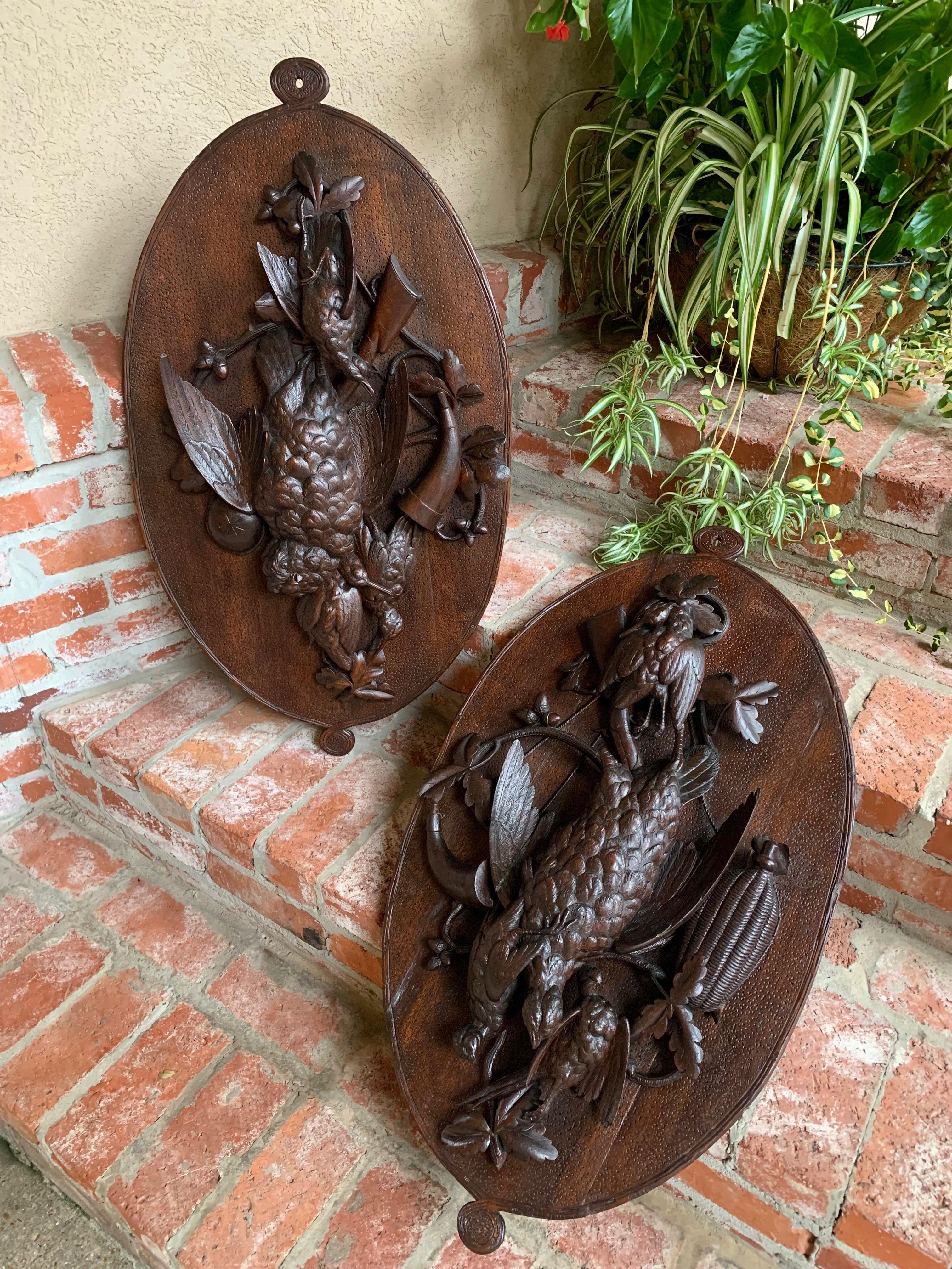 Antique PAIR Set Carved Black Forest Game Trophy Wall Plaque Swiss Pheasant Owl For Sale 6