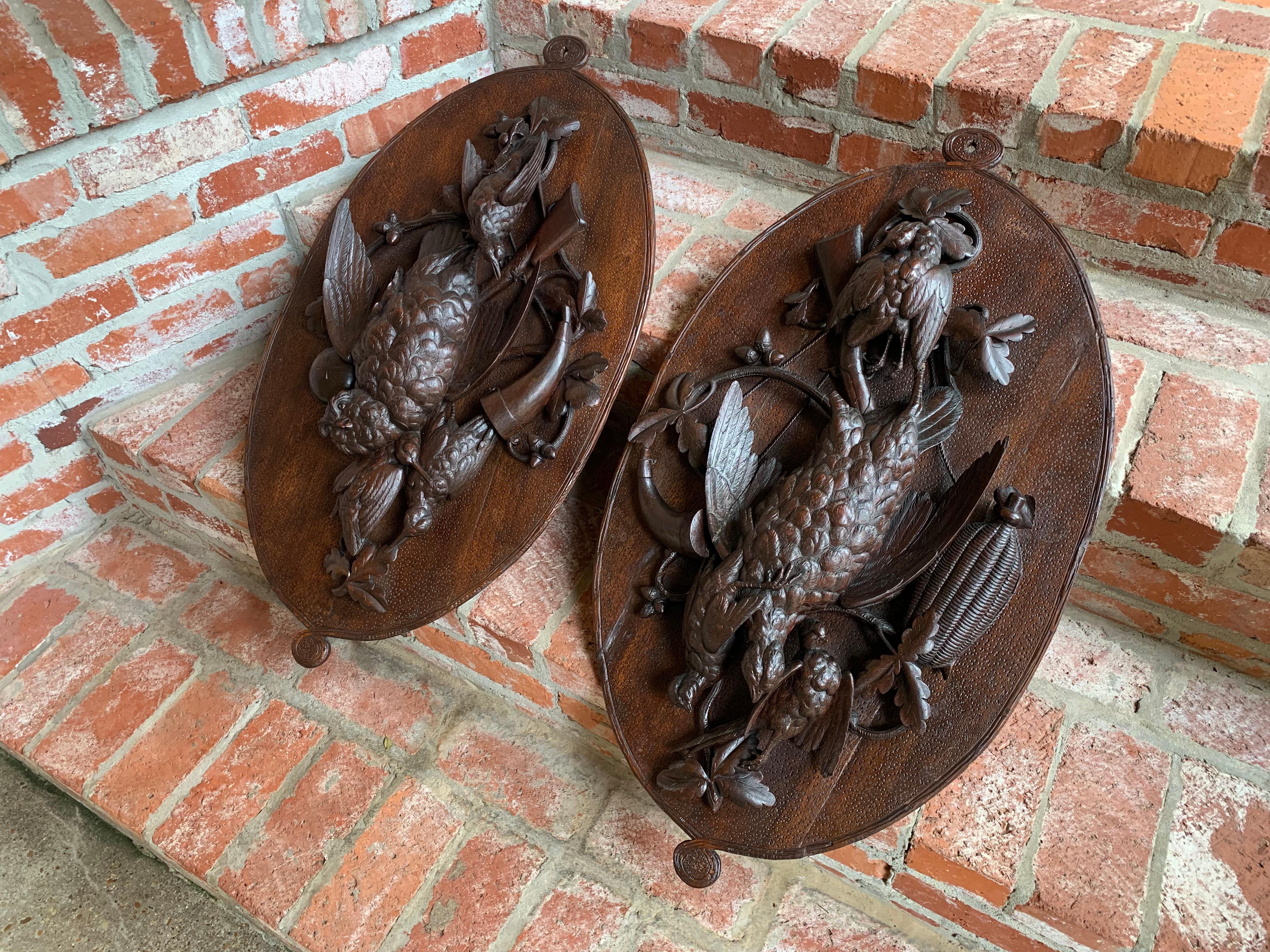 Antique PAIR Set Carved Black Forest Game Trophy Wall Plaque Swiss Pheasant Owl For Sale 7