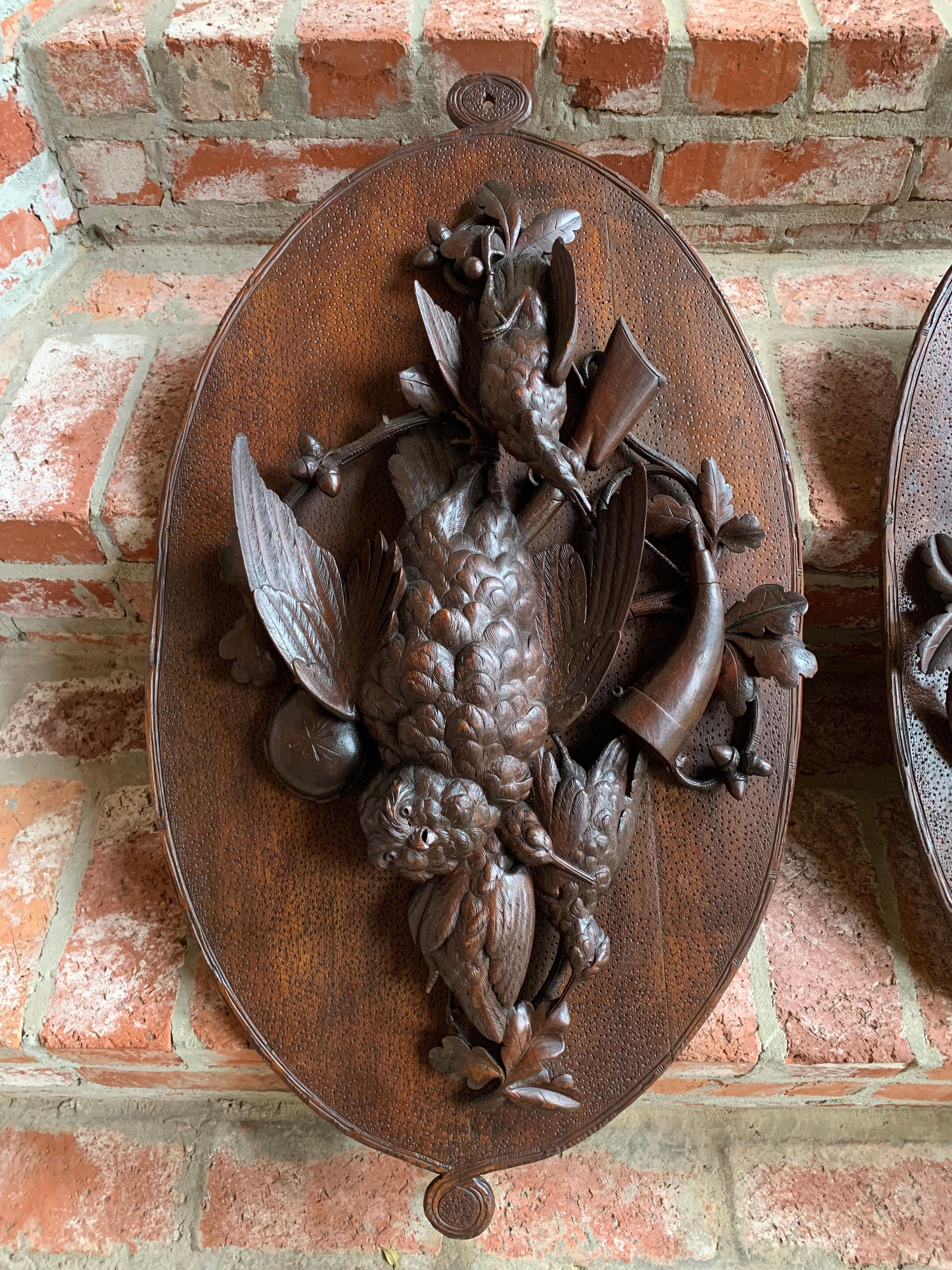 Antique PAIR Set Carved Black Forest Game Trophy Wall Plaque Swiss Pheasant Owl 8