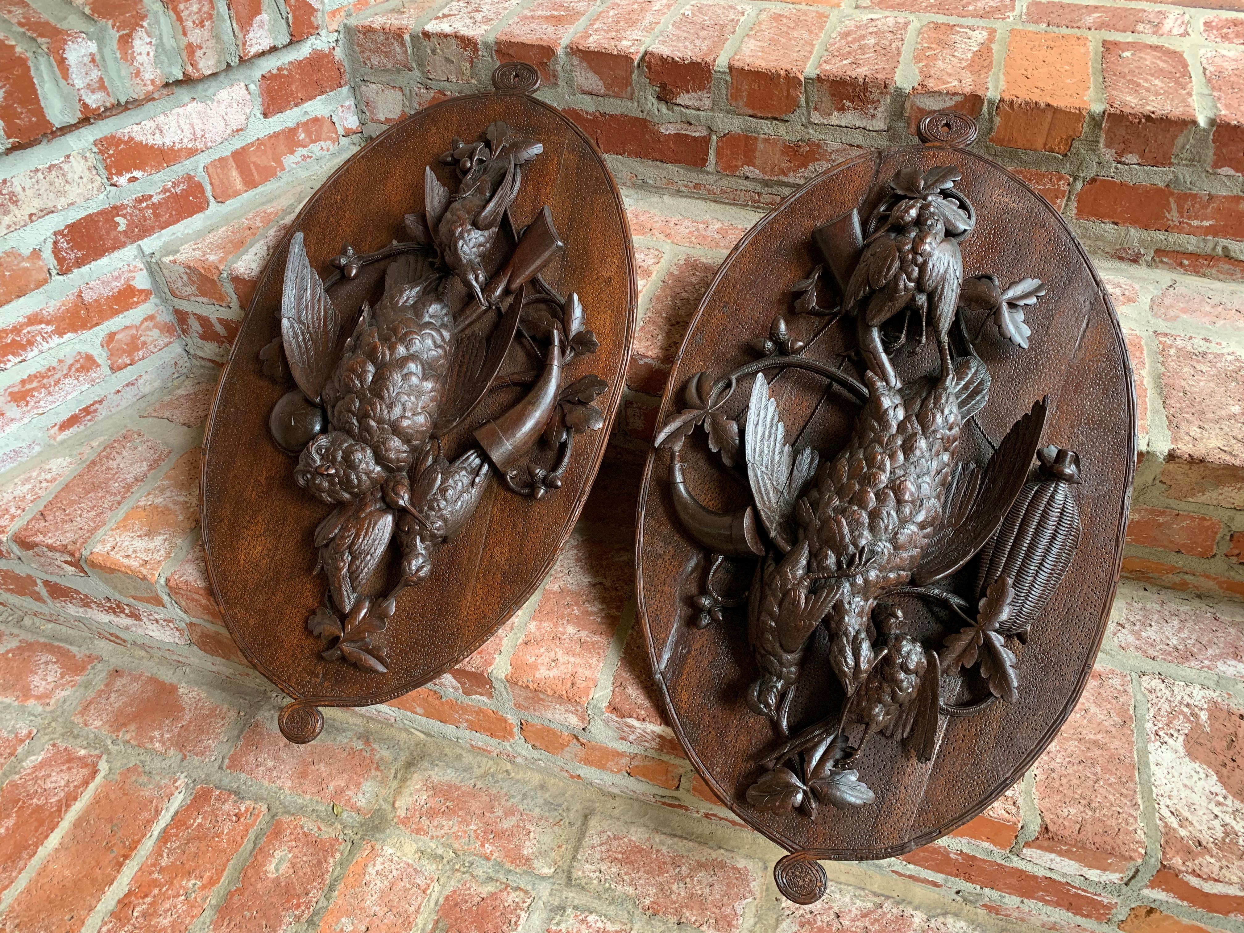 Pair 19th century carved Black Forest game trophy wall plaque Swiss pheasant owl.

A matched pair of large Black Forest hanging game plaques.
Beautifully detailed hand carvings, with intertwined oak leaves, vines, and acorns, surroundeing the