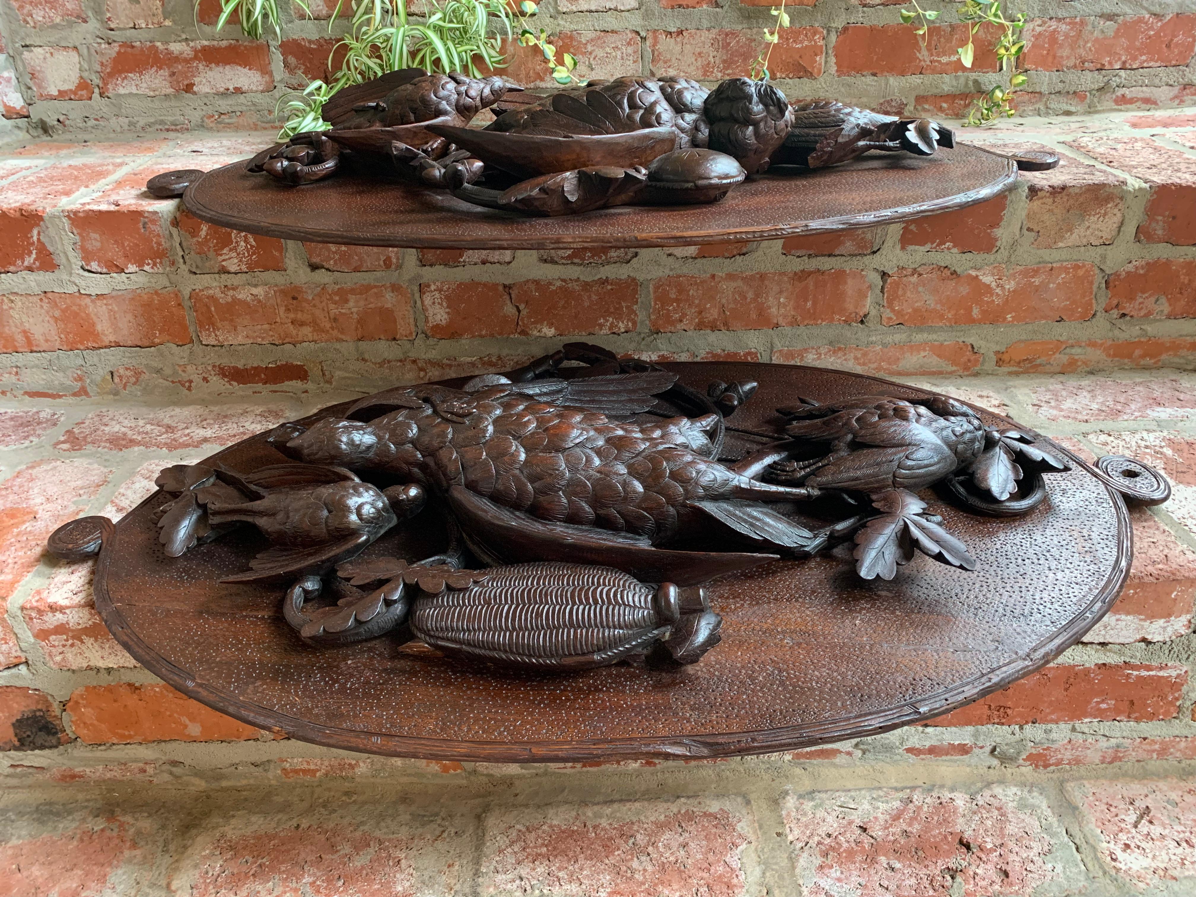 Antique PAIR Set Carved Black Forest Game Trophy Wall Plaque Swiss Pheasant Owl For Sale 13