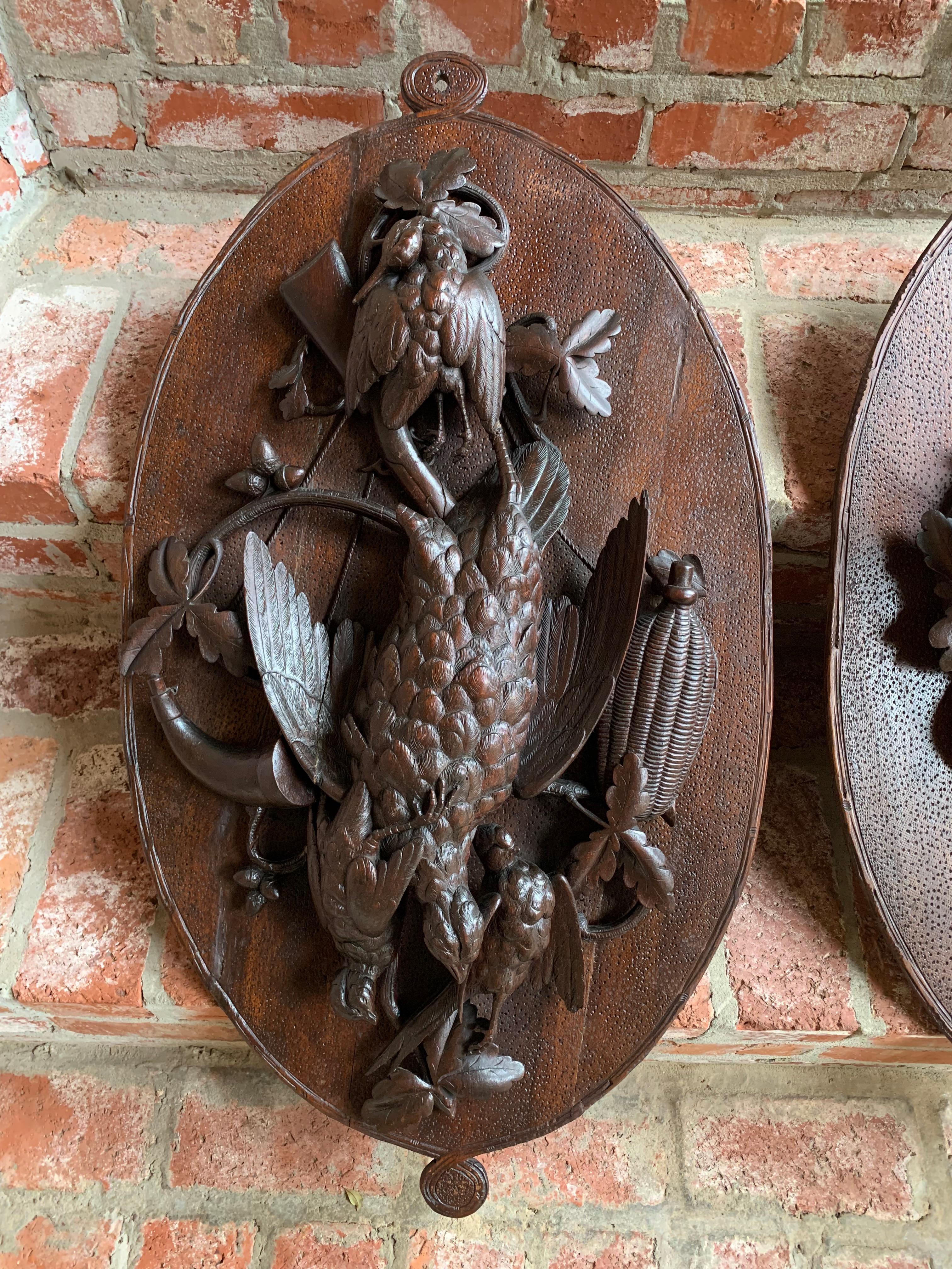 Hand-Carved Antique PAIR Set Carved Black Forest Game Trophy Wall Plaque Swiss Pheasant Owl For Sale