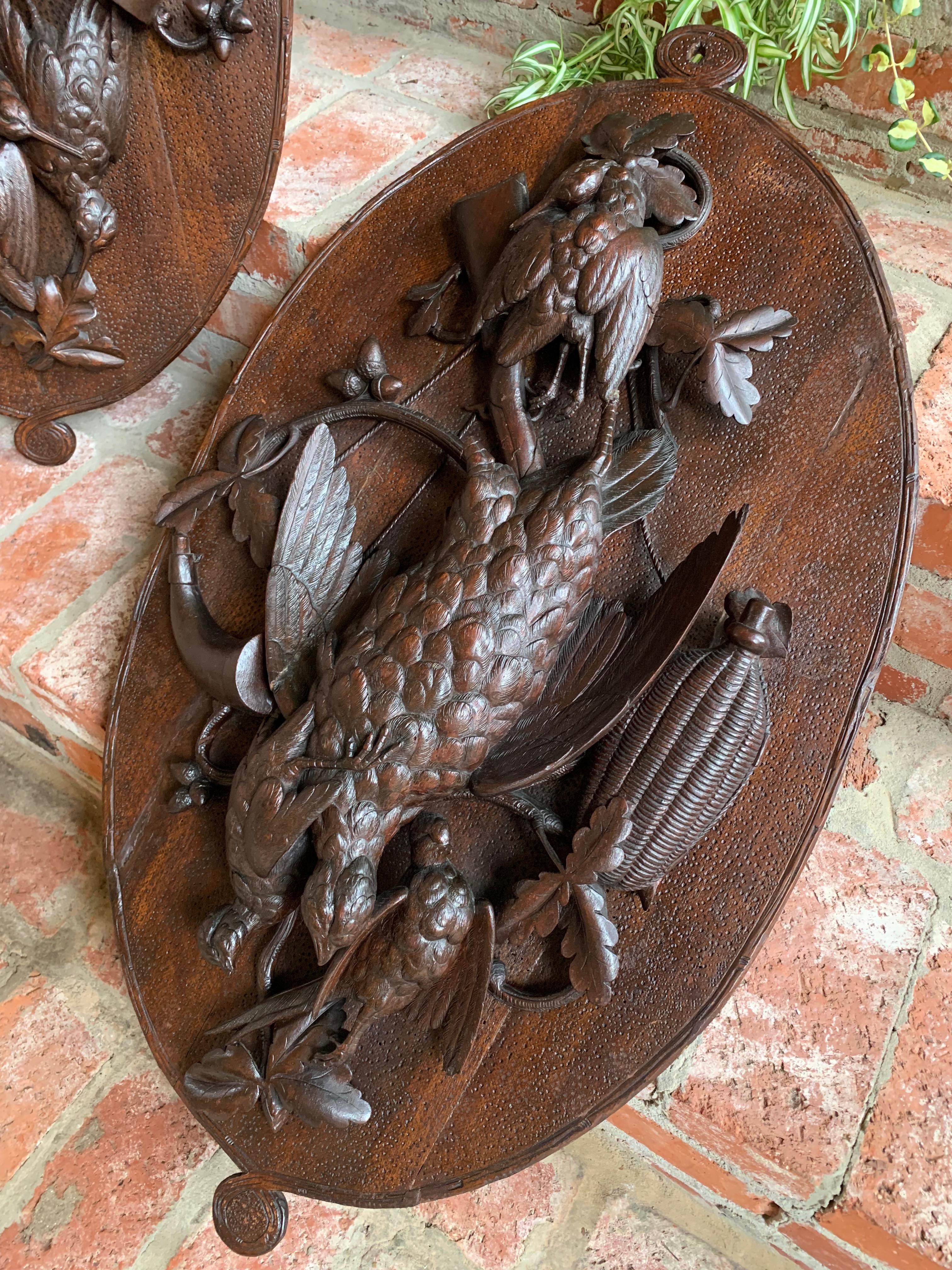 Antique PAIR Set Carved Black Forest Game Trophy Wall Plaque Swiss Pheasant Owl In Good Condition For Sale In Shreveport, LA