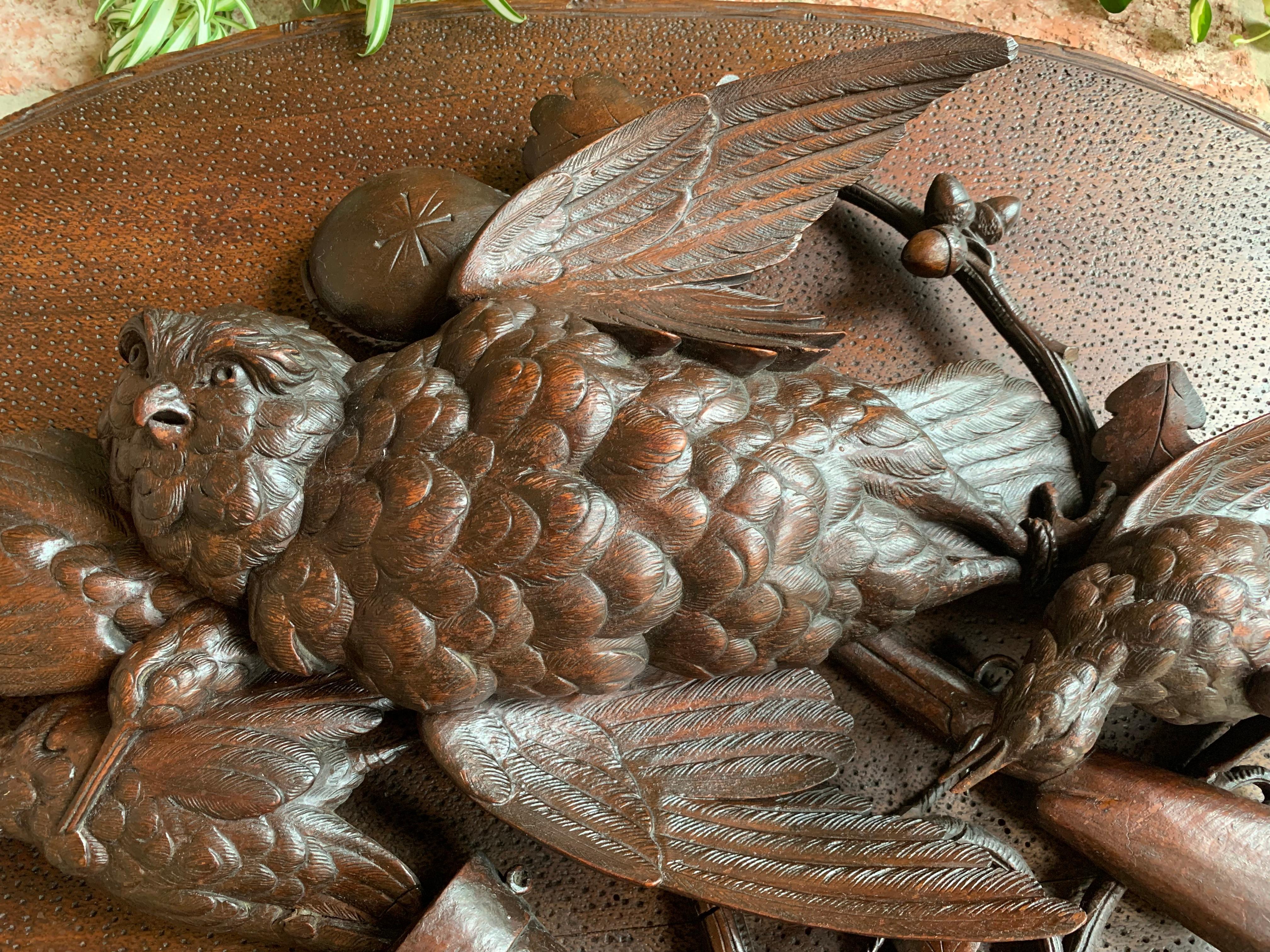 Wood Antique PAIR Set Carved Black Forest Game Trophy Wall Plaque Swiss Pheasant Owl For Sale