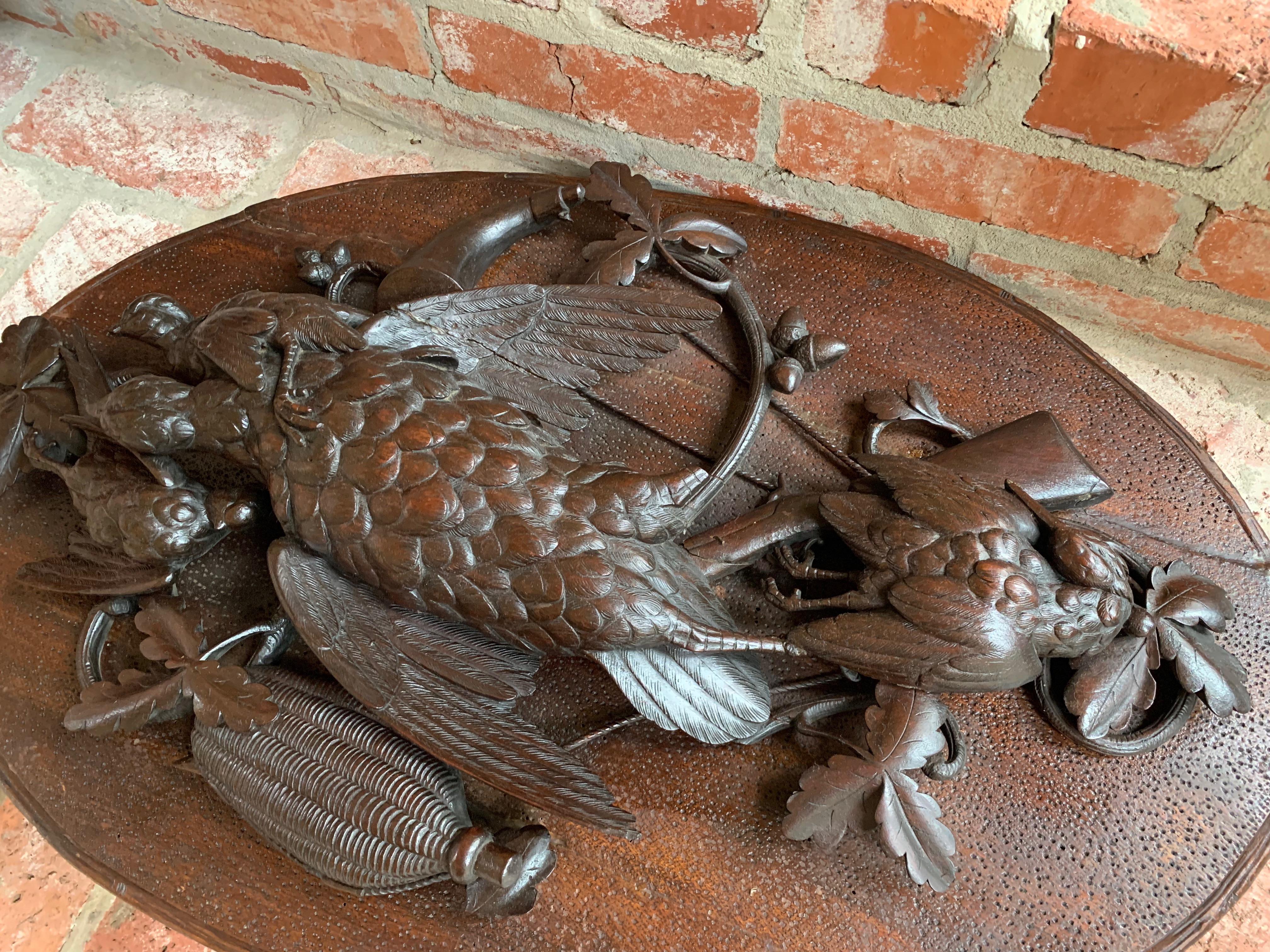 19th Century Antique PAIR Set Carved Black Forest Game Trophy Wall Plaque Swiss Pheasant Owl For Sale