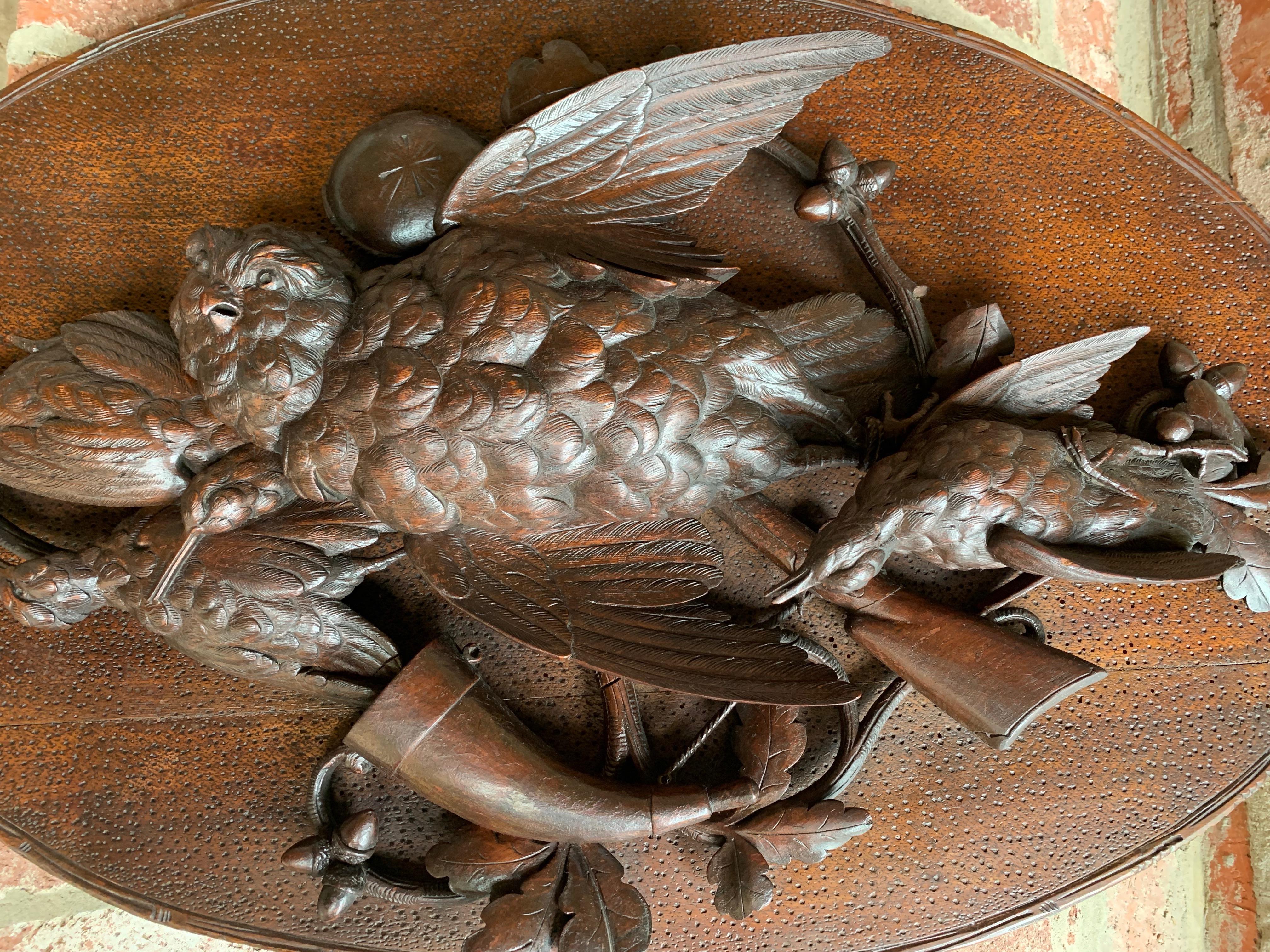 Antique PAIR Set Carved Black Forest Game Trophy Wall Plaque Swiss Pheasant Owl For Sale 1