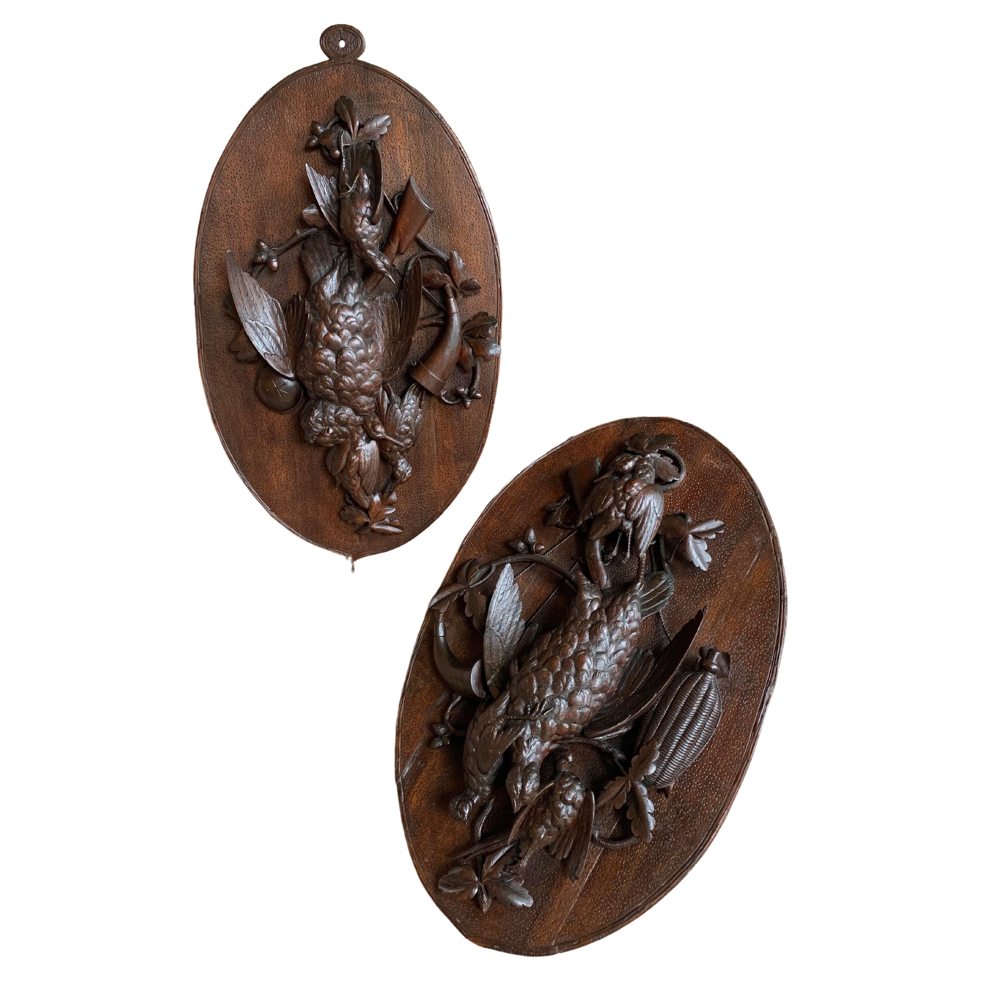 Antique PAIR Set Carved Black Forest Game Trophy Wall Plaque Swiss Pheasant Owl For Sale