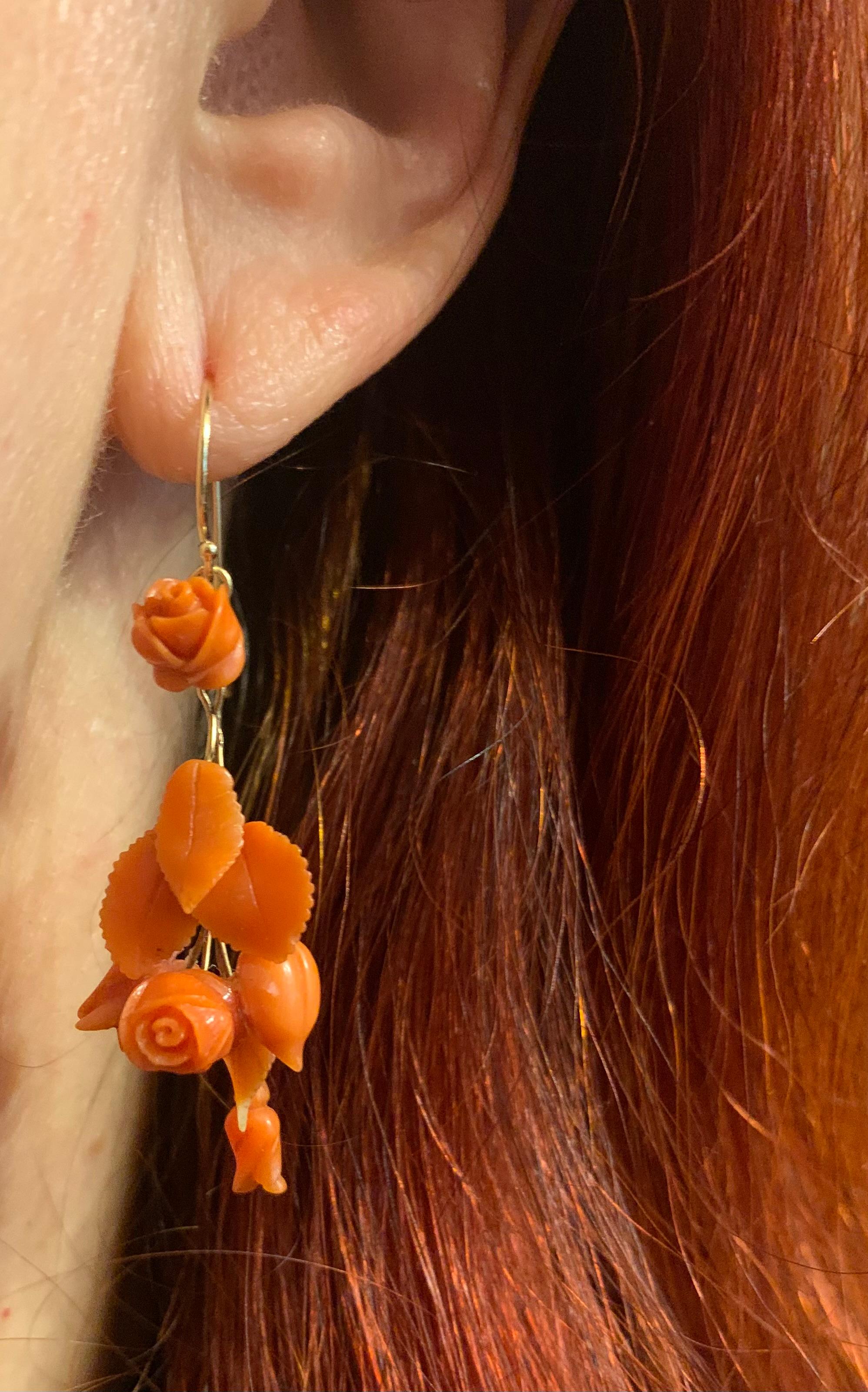 Pair 19th Century Carved Coral Rosebud and Leaf 14K Yellow Gold Earrings For Sale 4