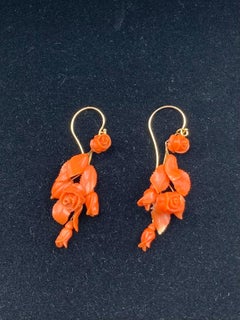 Pair 19th Century Carved Coral Rosebud and Leaf 14K Yellow Gold Earrings