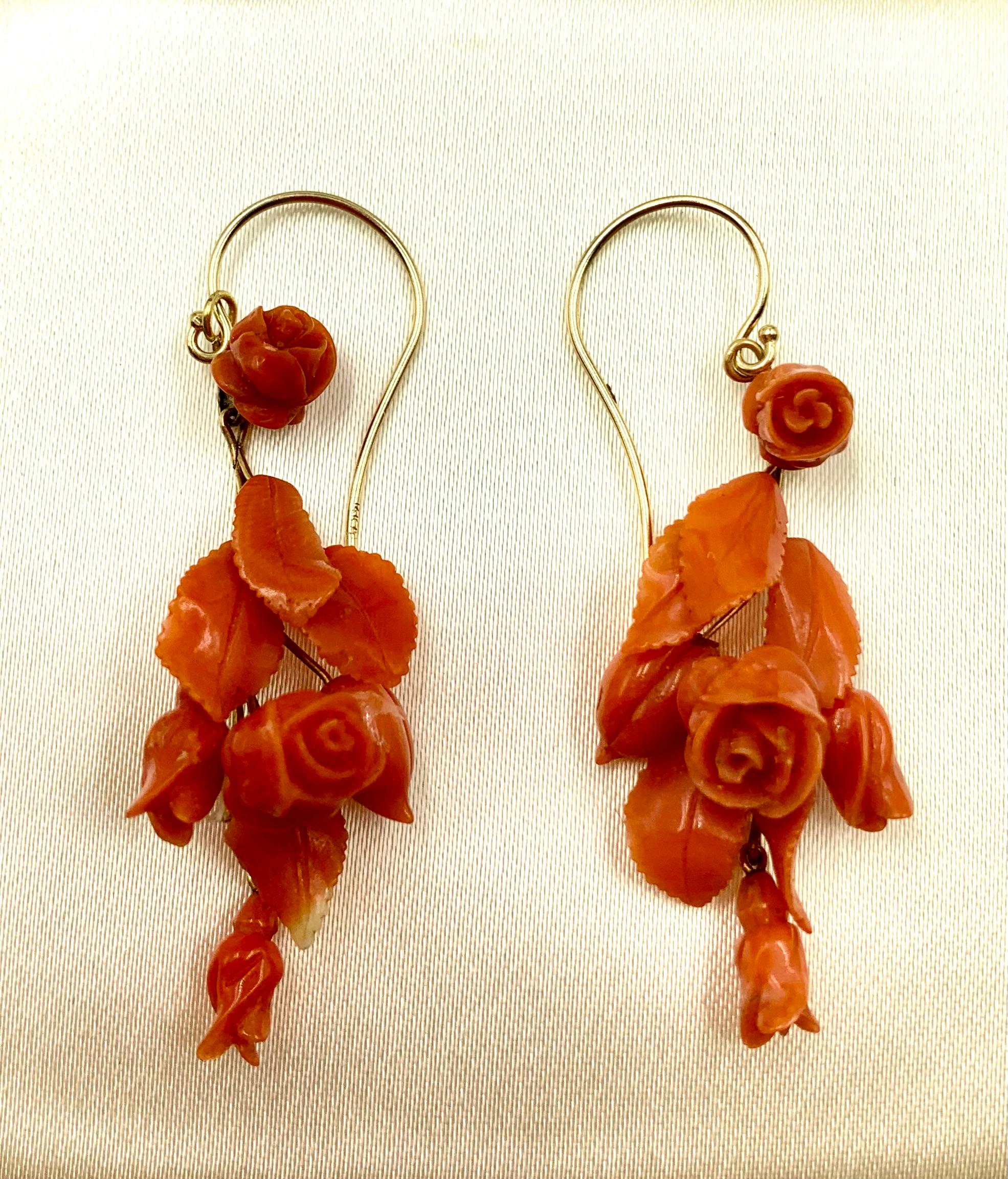 Romantic Pair 19th Century Carved Coral Rosebud and Leaf 14K Yellow Gold Earrings For Sale