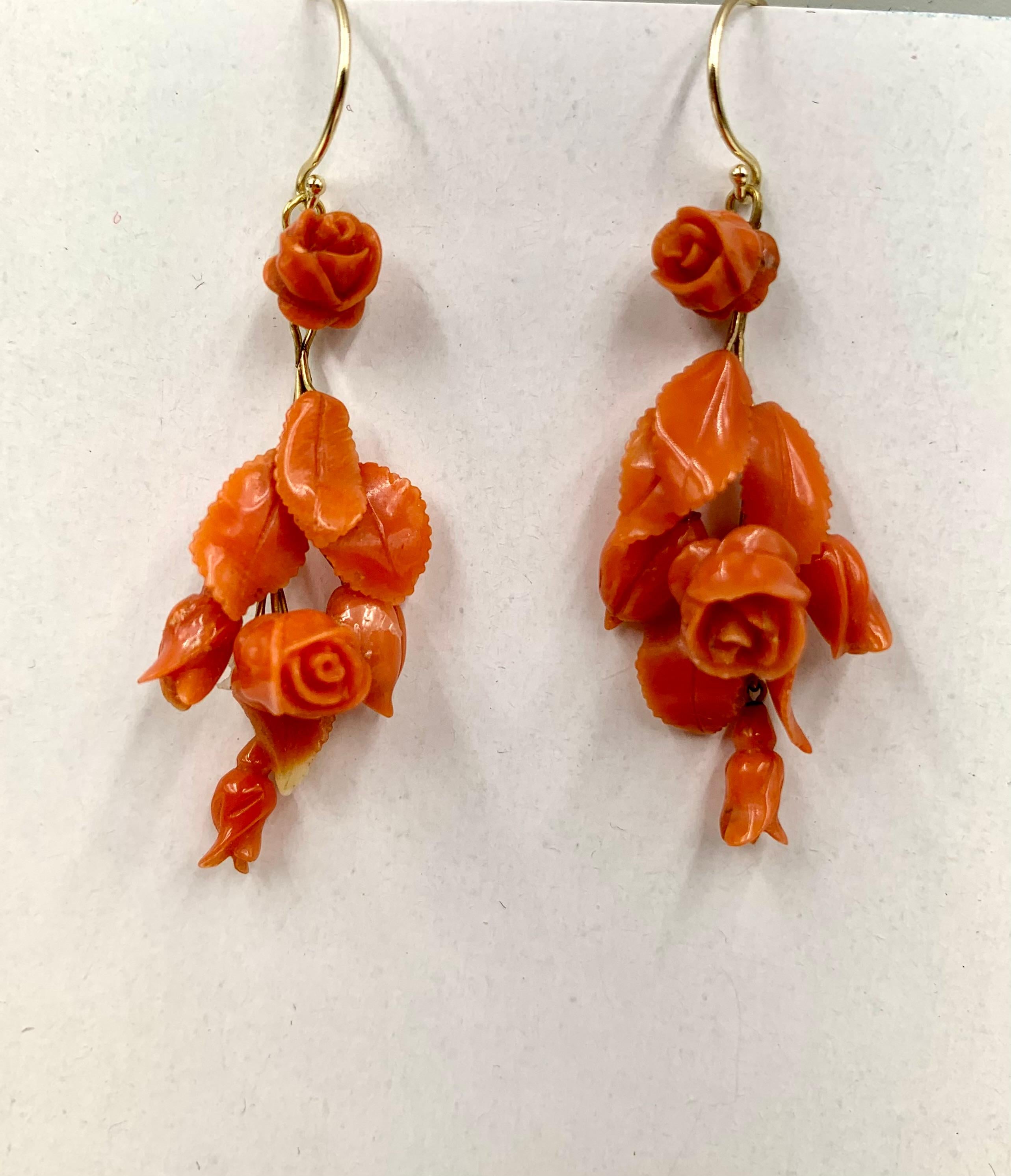 Mixed Cut Pair 19th Century Carved Coral Rosebud and Leaf 14K Yellow Gold Earrings For Sale