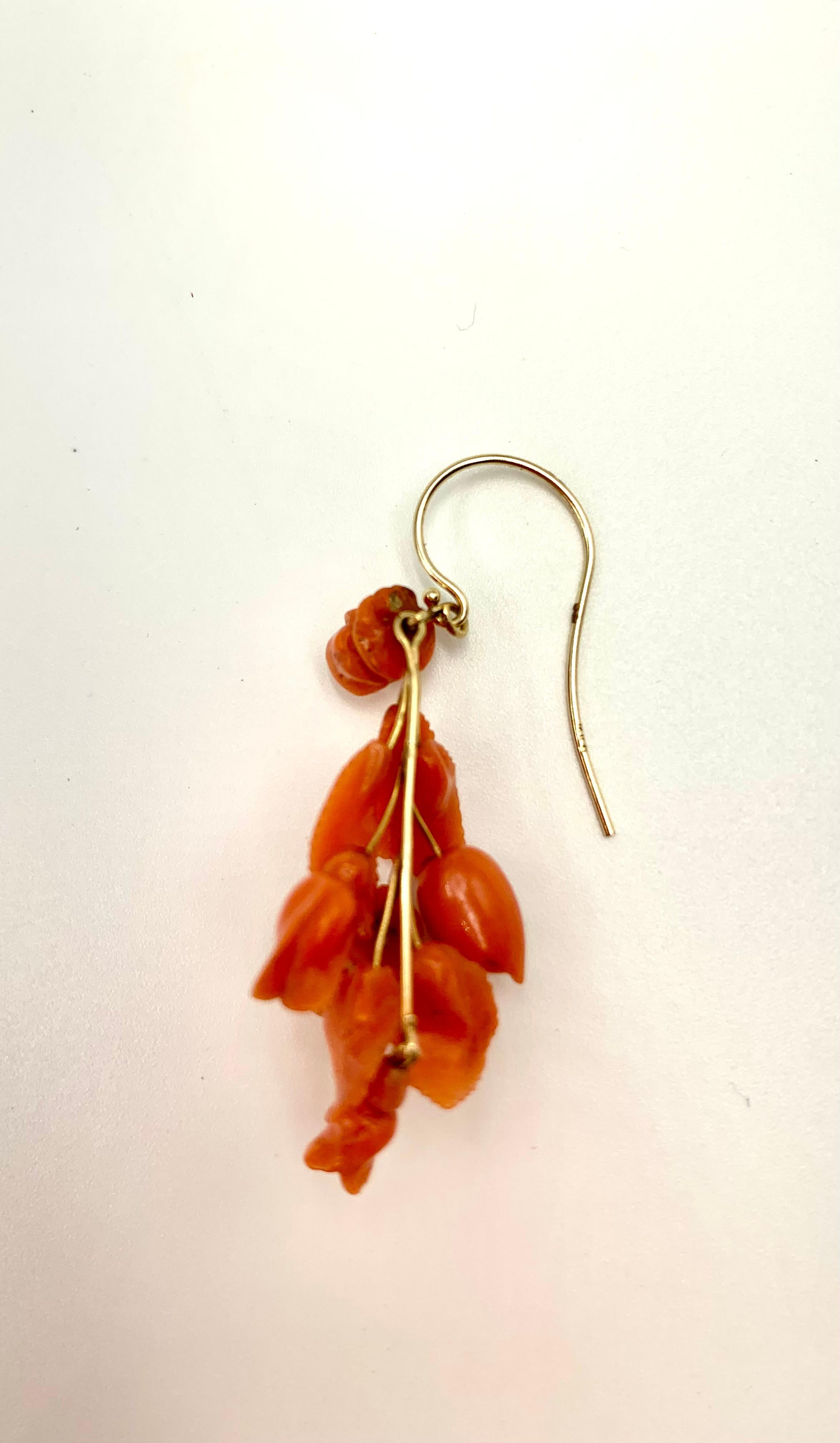 Women's or Men's Pair 19th Century Carved Coral Rosebud and Leaf 14K Yellow Gold Earrings For Sale