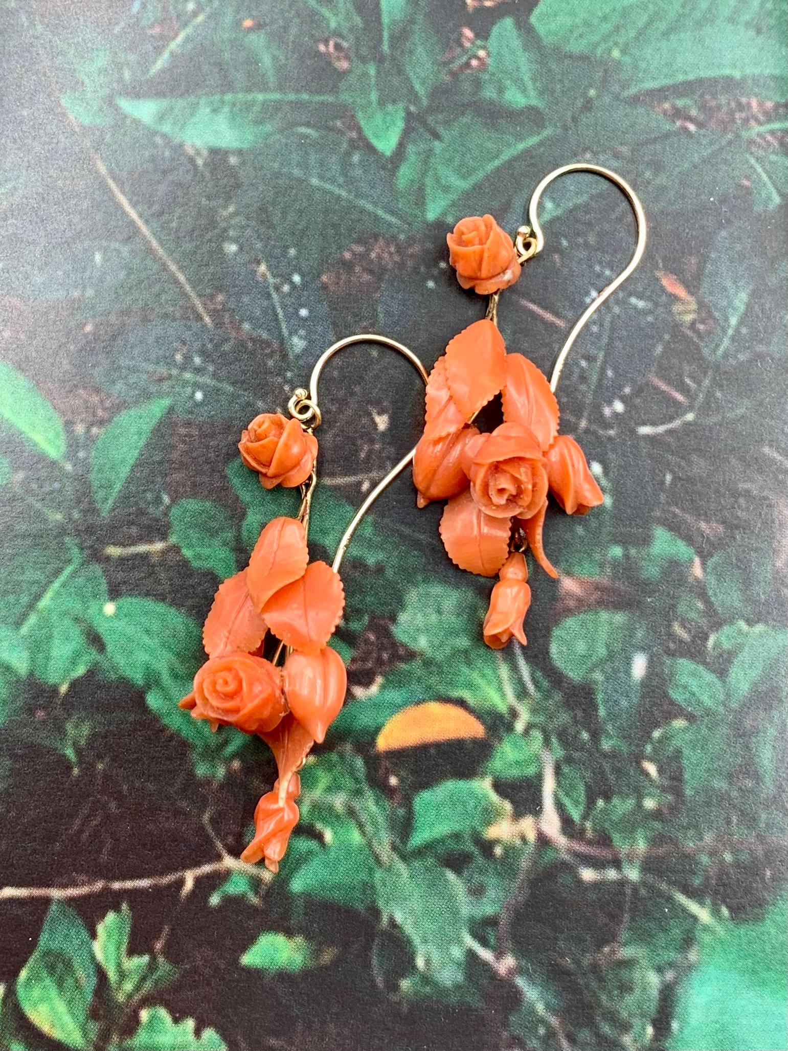 Pair 19th Century Carved Coral Rosebud and Leaf 14K Yellow Gold Earrings For Sale 1