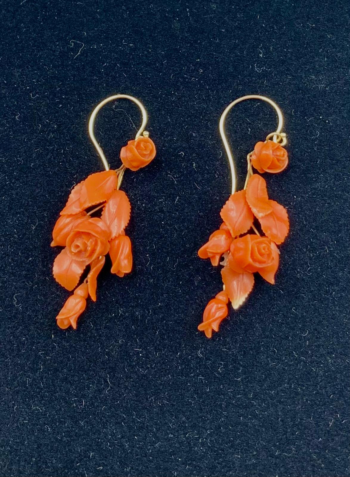 Pair 19th Century Carved Coral Rosebud and Leaf 14K Yellow Gold Earrings For Sale 2